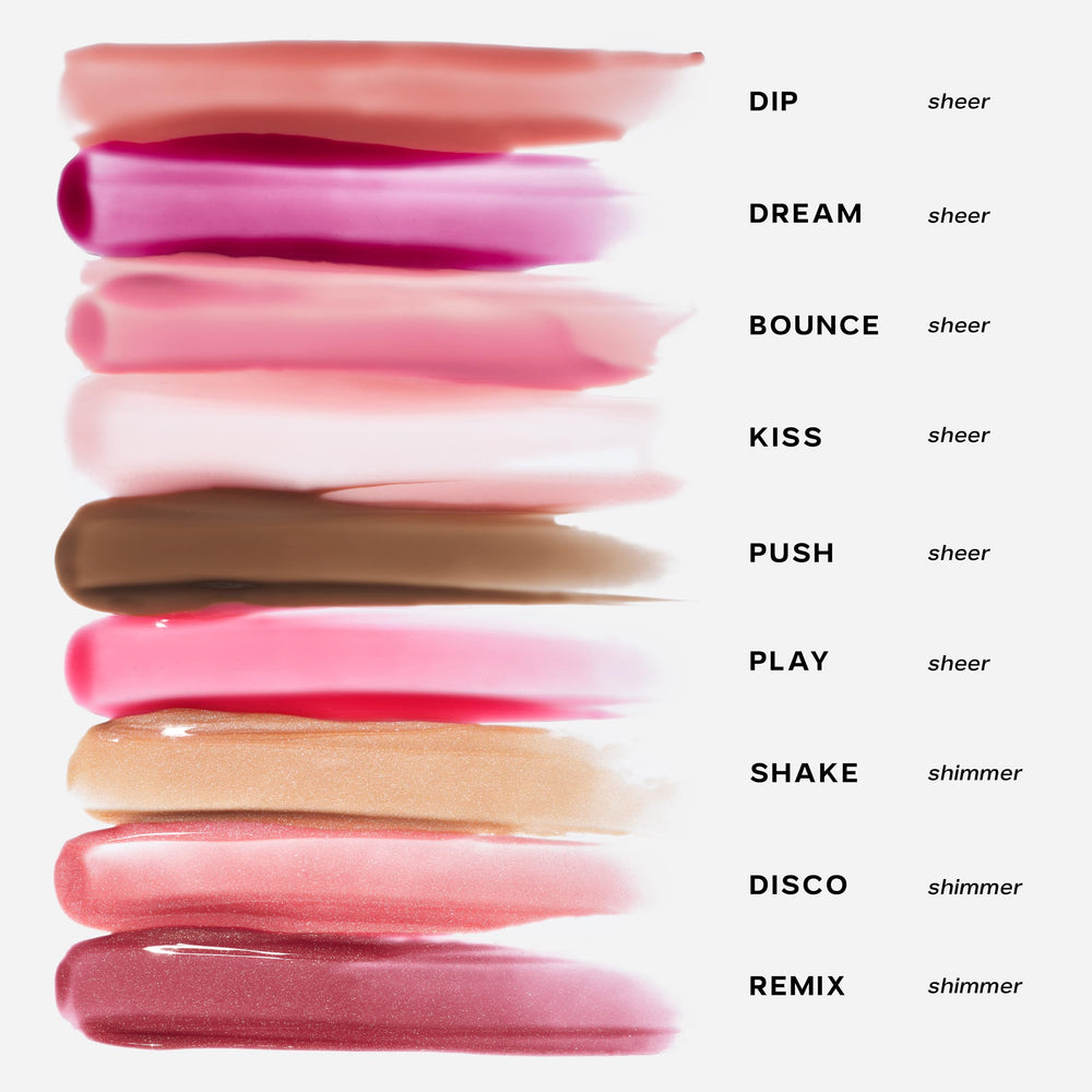 Saie Glossybounce formula with hyaluronic acid and jojoba oil providing hydration.