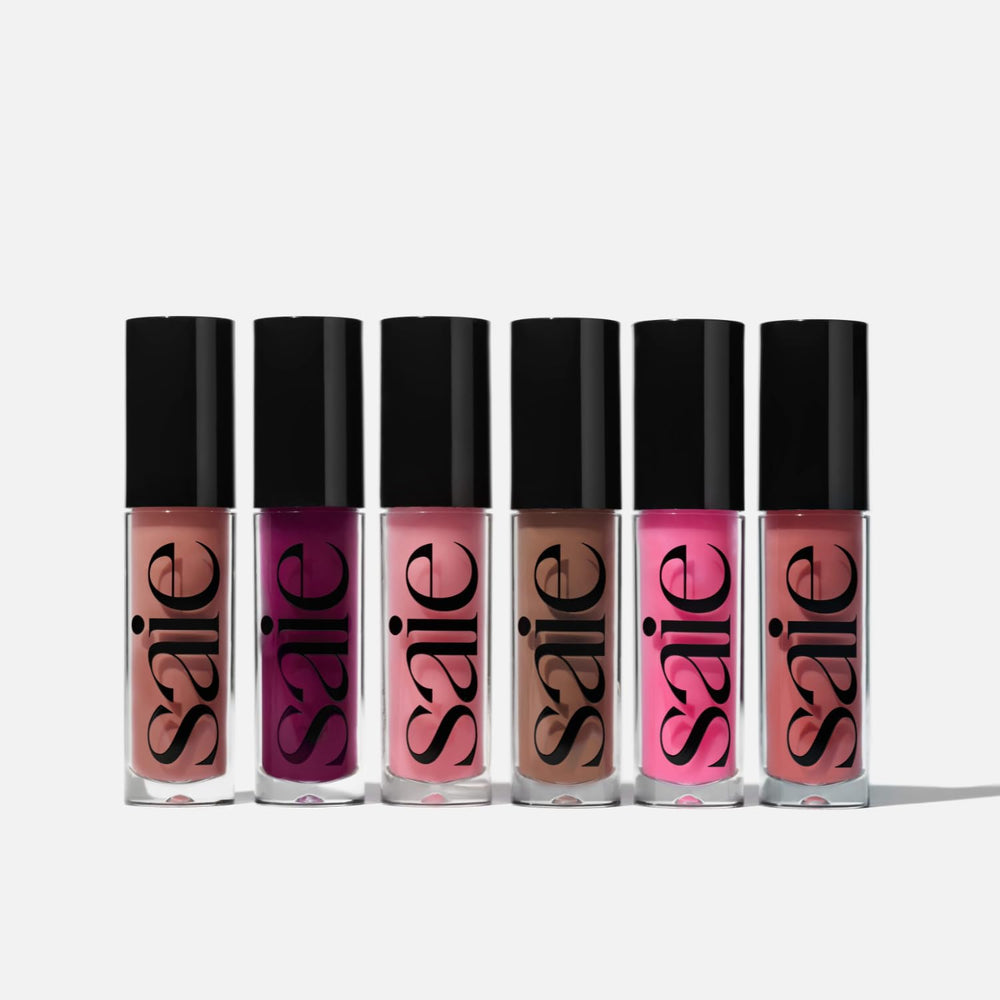 Saie Glossybounce ingredients display with jojoba and hyaluronic acid benefits