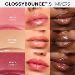 saie Glossybounce on lips closeup showing sheer rosy tint and hydrated look