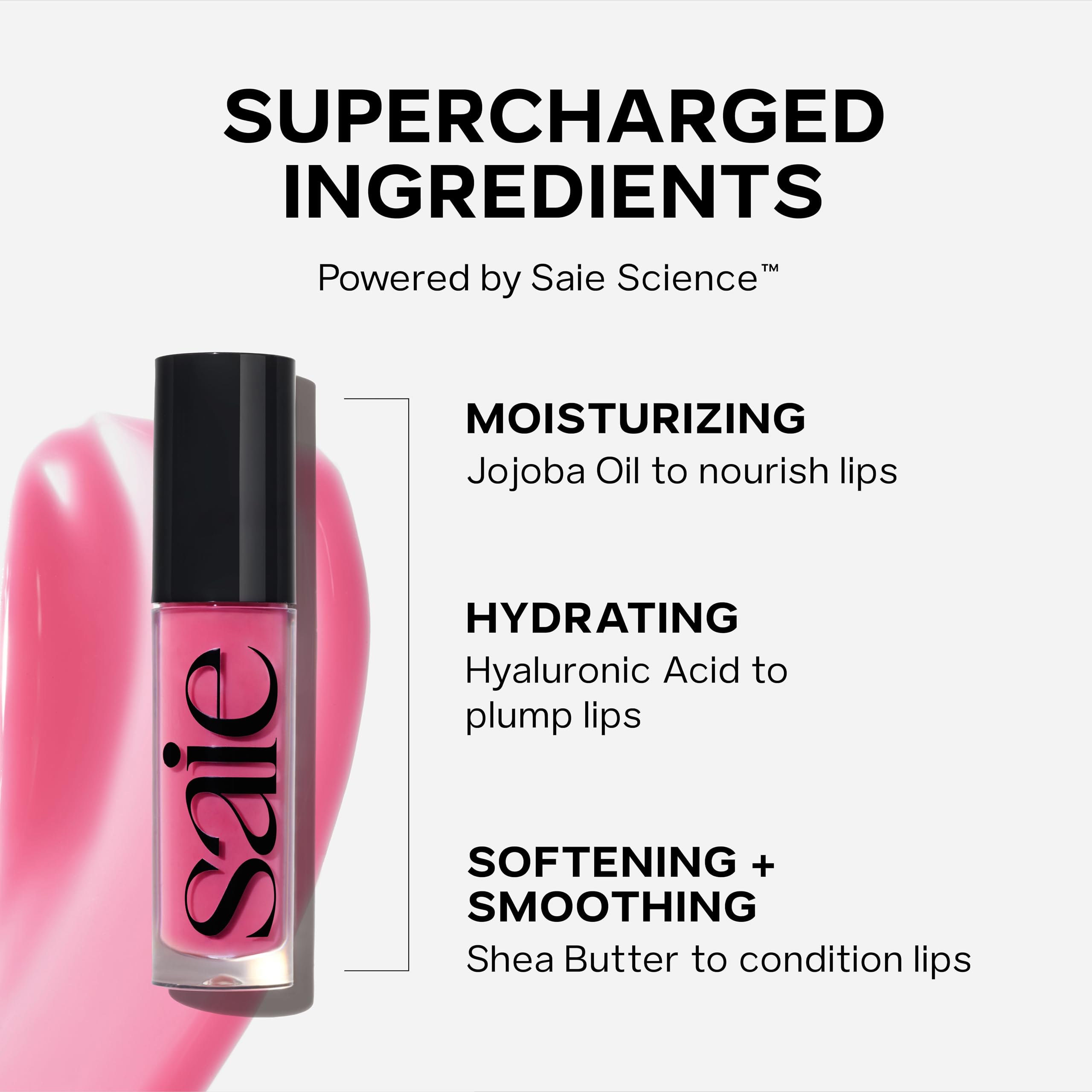 Saie Glossybounce on model smiling showing natural glossy finish