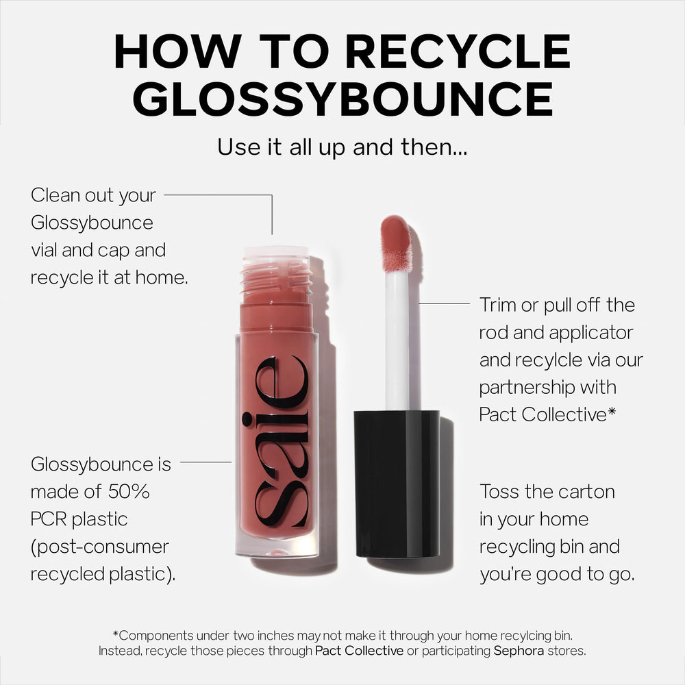 Saie Glossybounce display packaging highlighting vegan, cruelty-free lip care