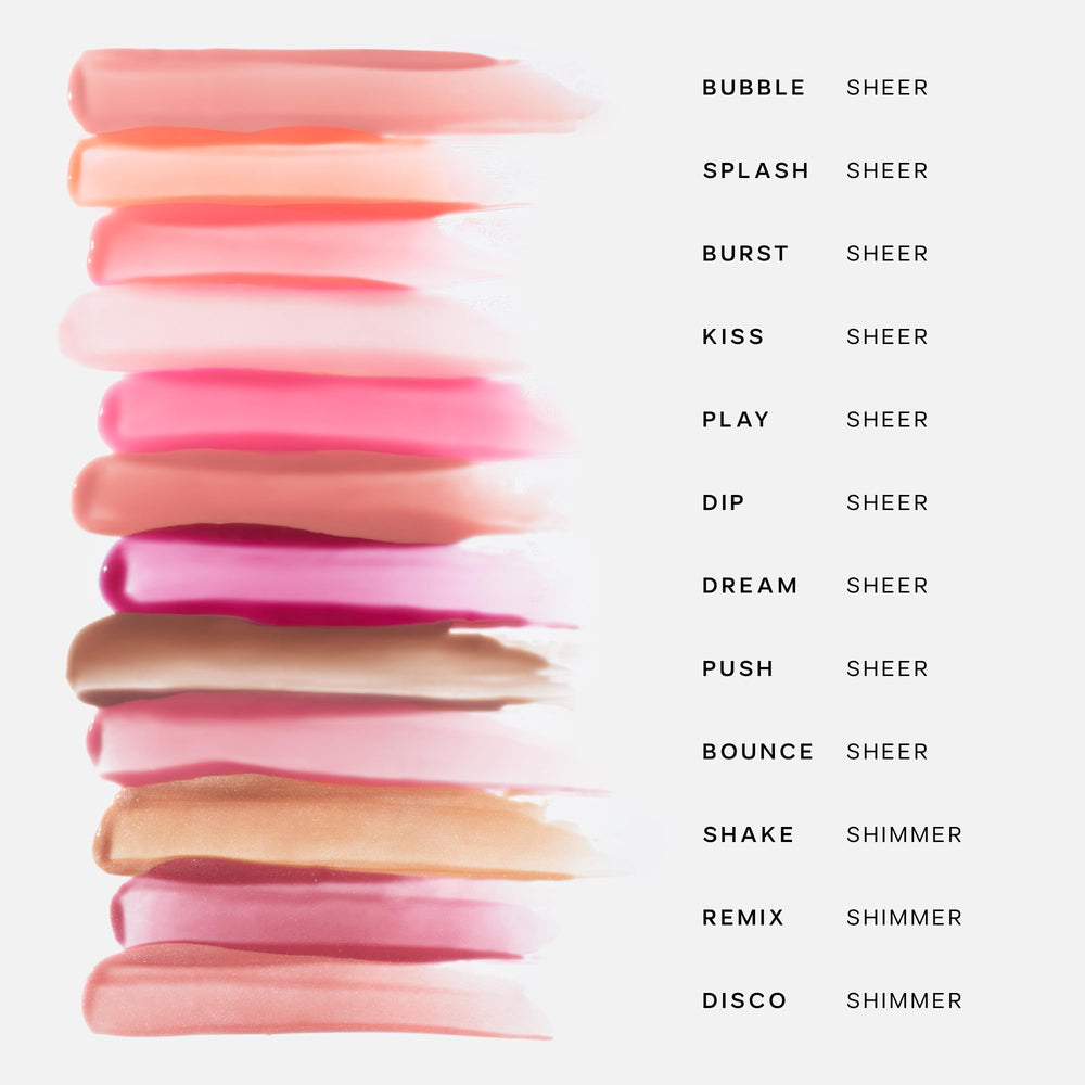 Saie Glossybounce sheer-rose-swatch a translucent pink shade for everyday wear.