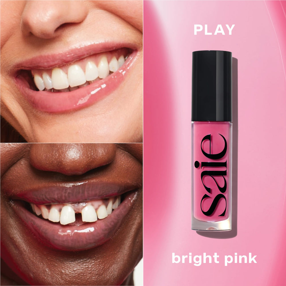 Saie Glossybounce swiped on lips for sheer tint and reflective shine
