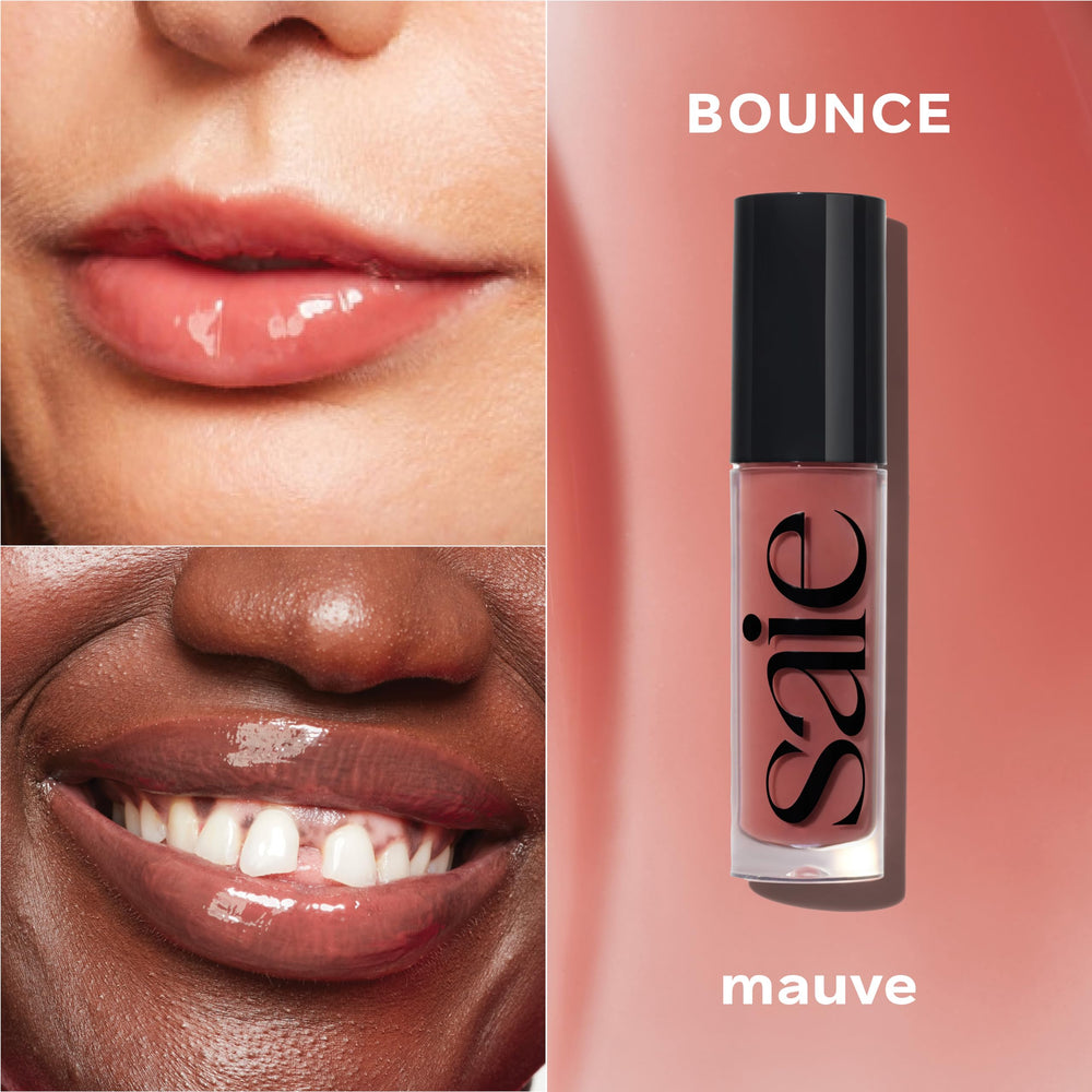 Saie Glossybounce texture close-up highlighting glossy, non-sticky finish and cushiony feel