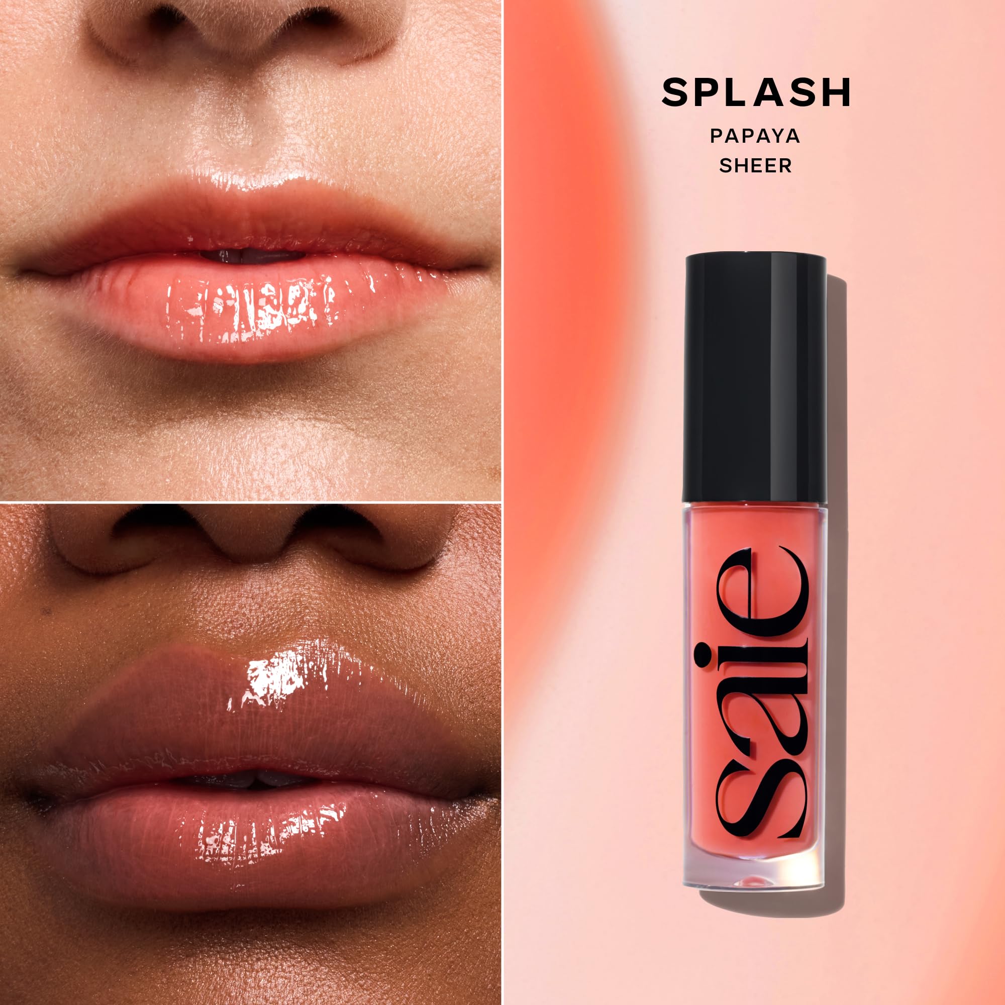 Saie Glossybounce texture on hand, non-sticky glossy oil finish that hydrates