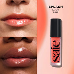 Saie Glossybounce texture on hand, non-sticky glossy oil finish that hydrates