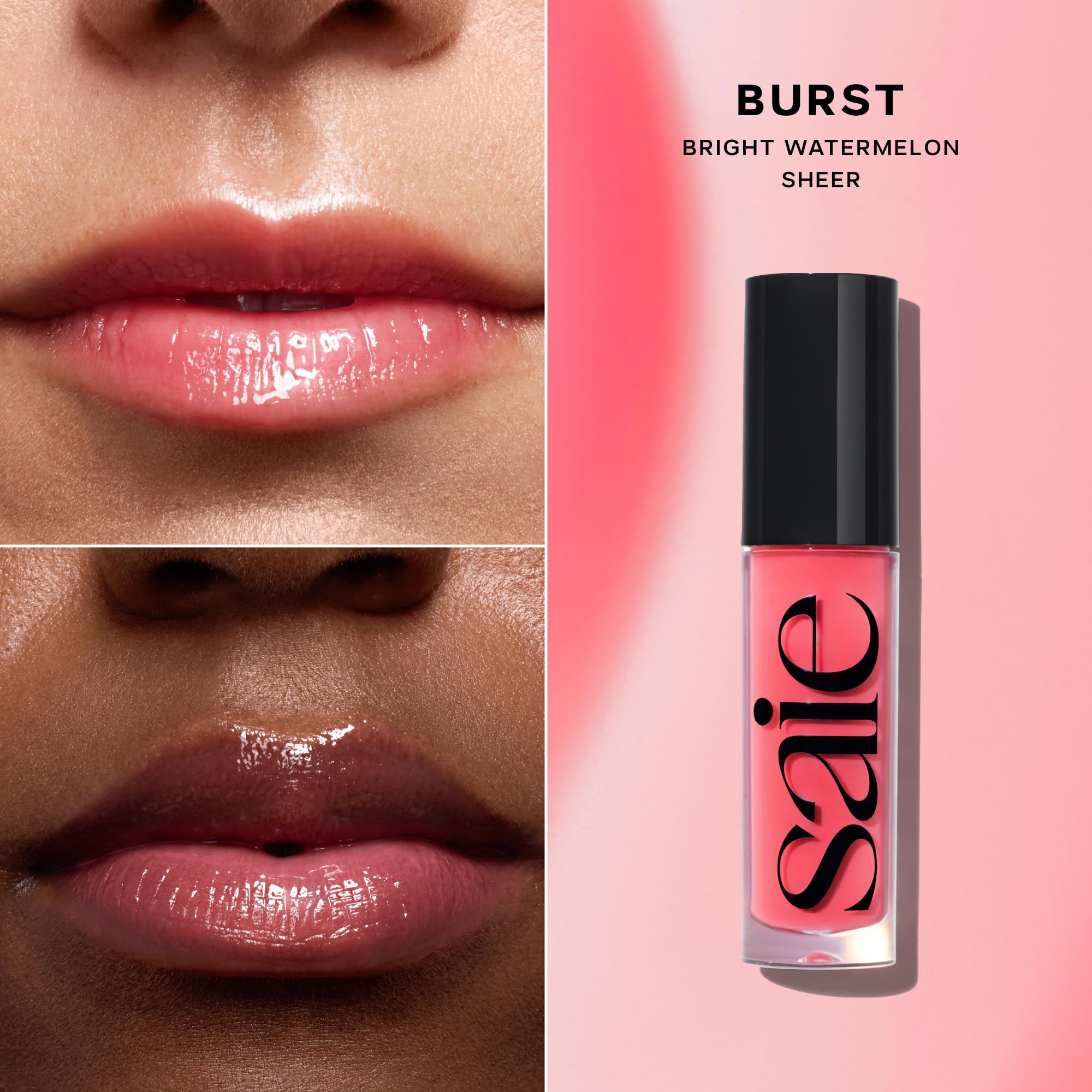 Saie Glossybounce texture-swatch shows sheer, lips-enhancing shine.