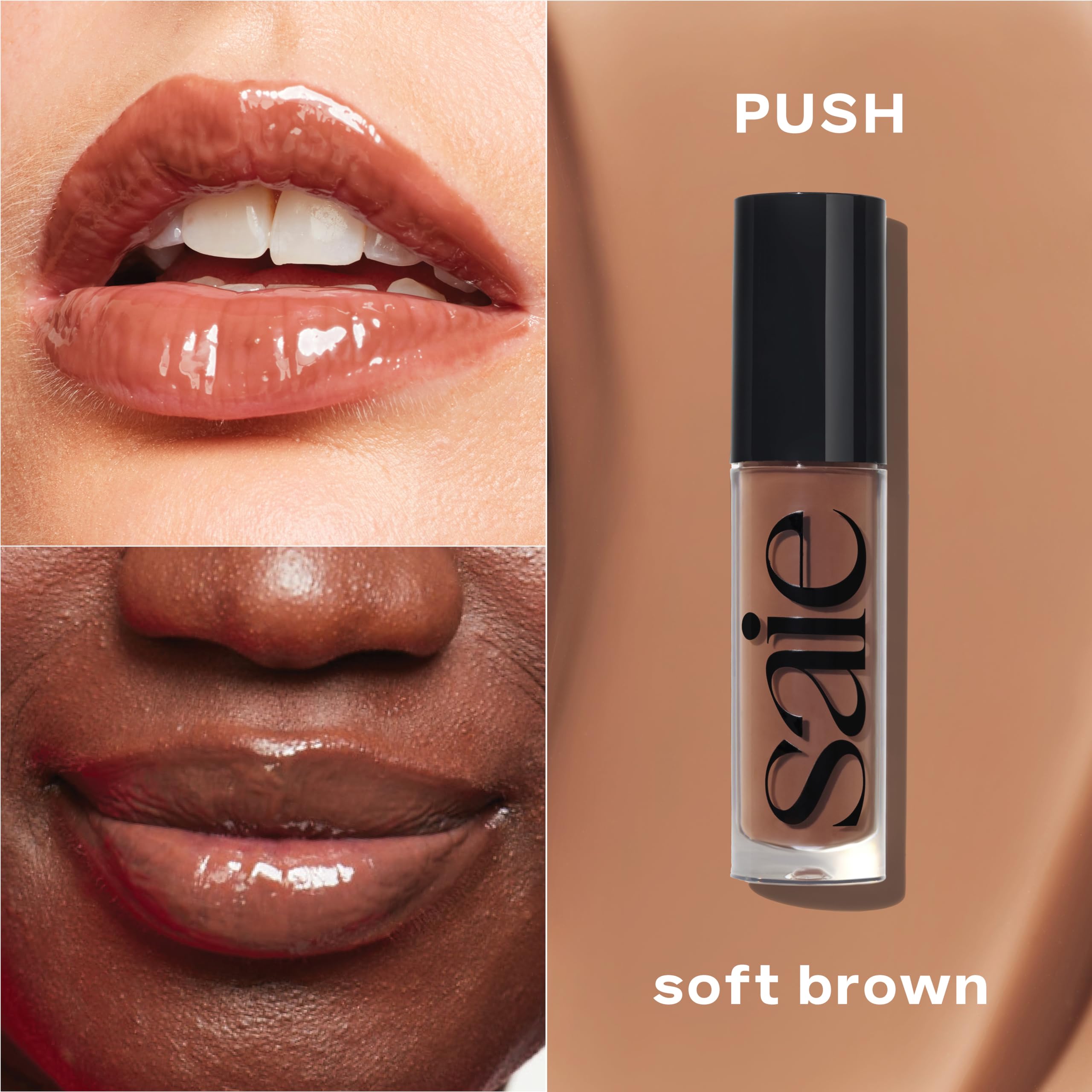 Saie Glossybounce texture swatch showing glossy, non-sticky finish and hydrated look
