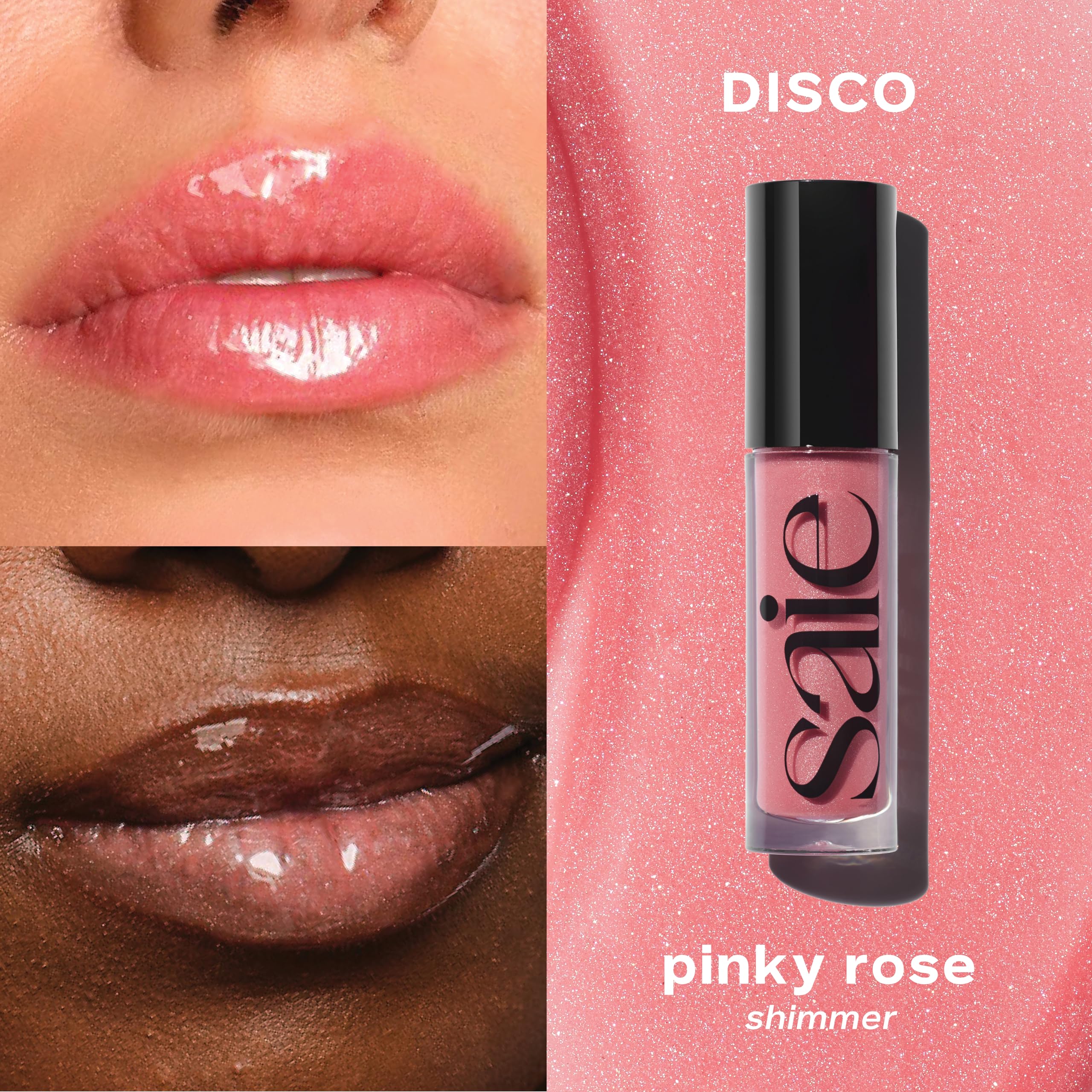 saie Glossybounce texture swipe on skin showing glossy, non-sticky finish and shine