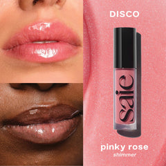 saie Glossybounce texture swipe on skin showing glossy, non-sticky finish and shine
