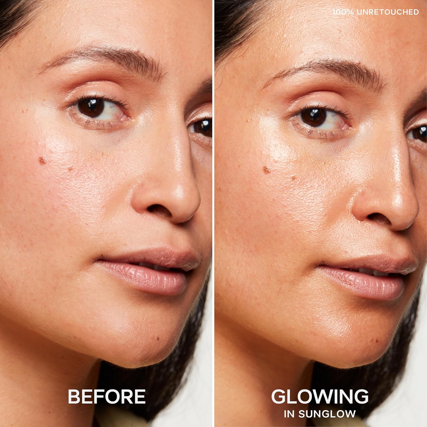 Saie highlighter on collarbones showing glow for face and body