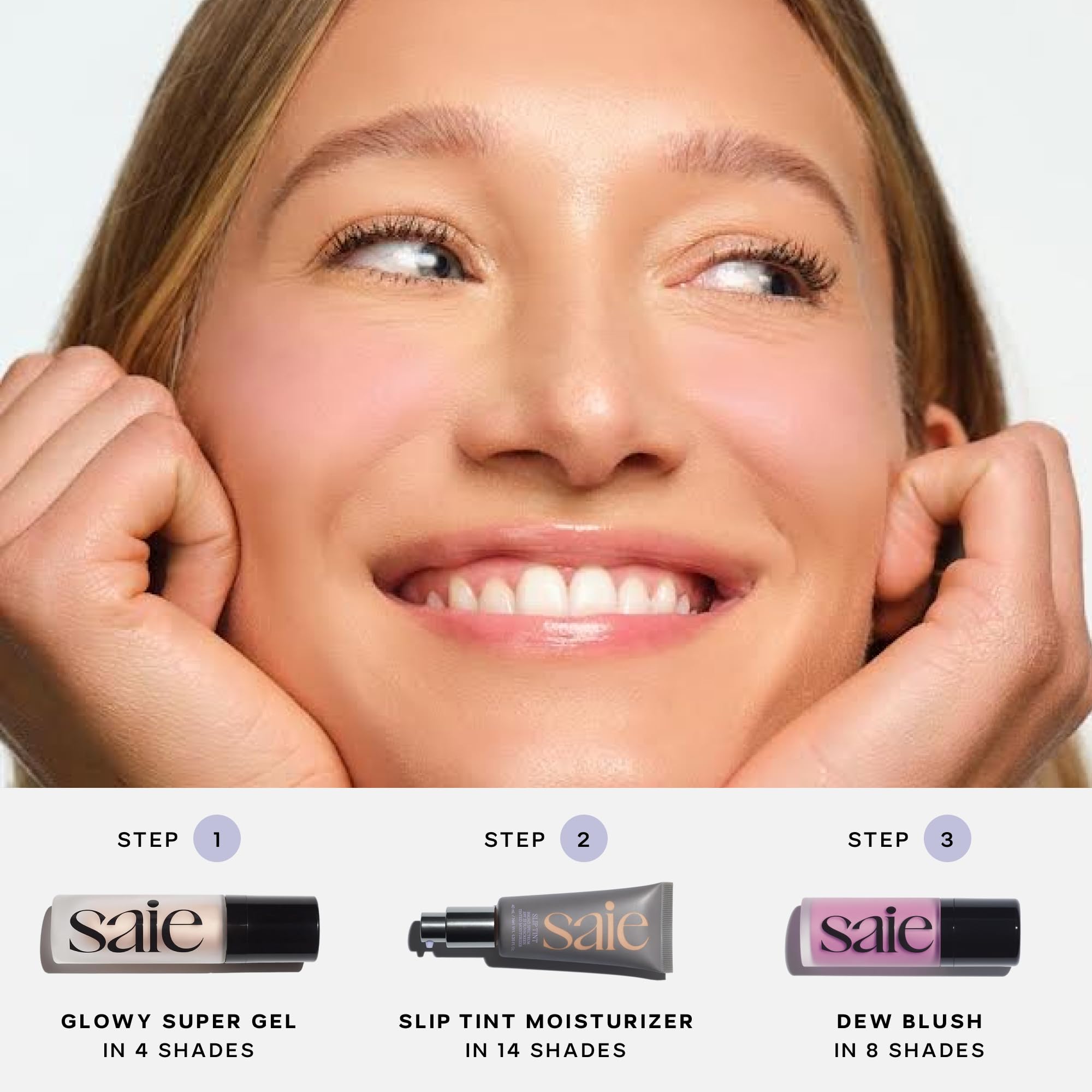 Saie Glowy Super Gel highlights Vitamin C and Squalane-inspired hydration and brightness.