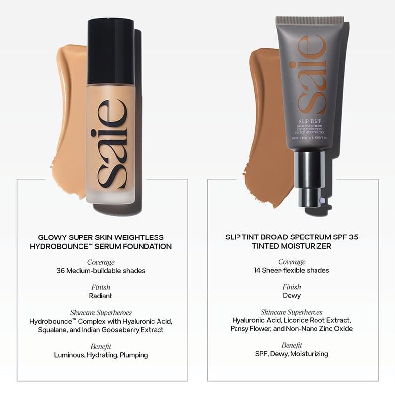 Saie ingredients label showing hyaluronic acid and squalane benefits listed