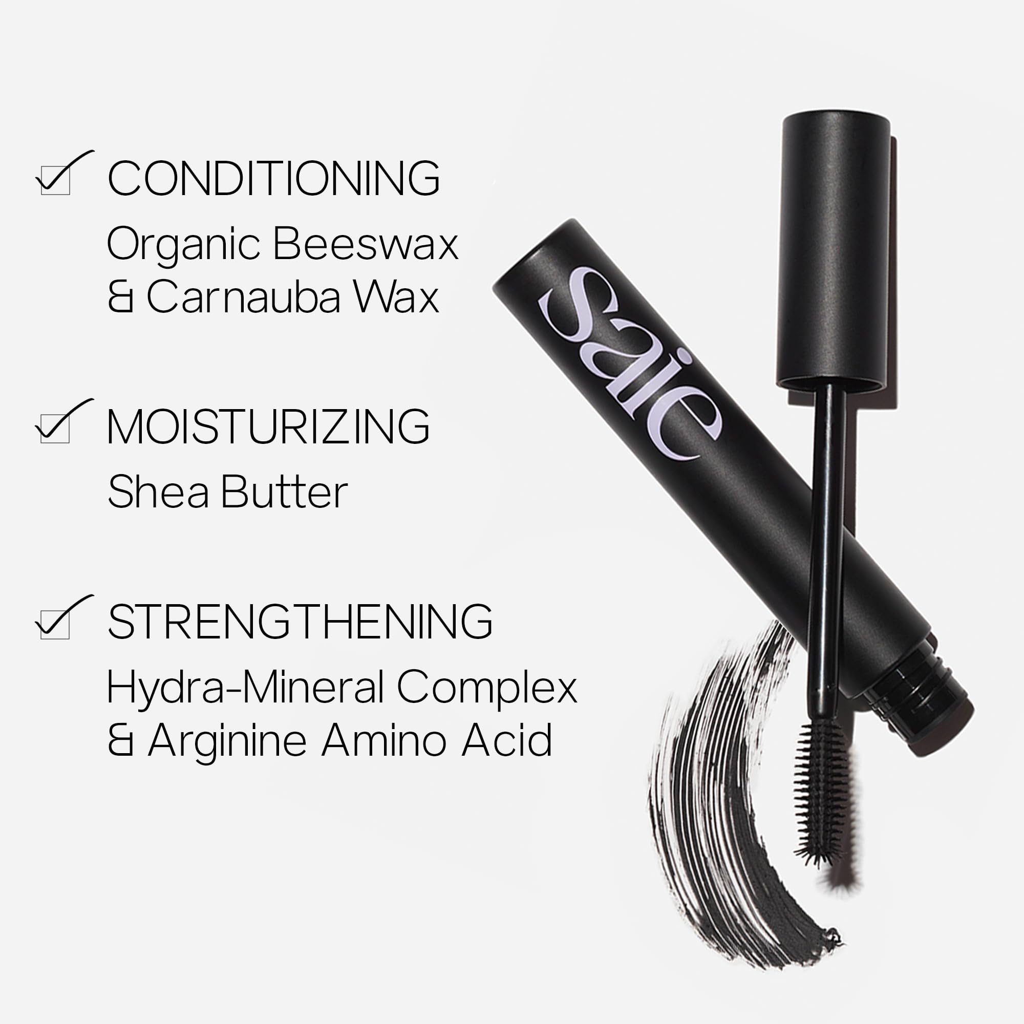 Saie Mascara 101 first coat on lashes for length and definition