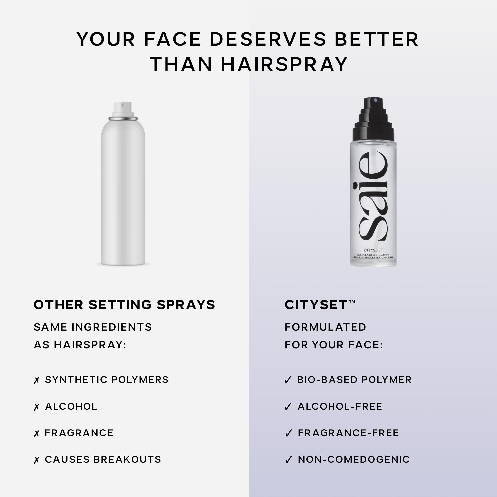 Saie label detail highlighting ingredient-friendly, alcohol-free benefit