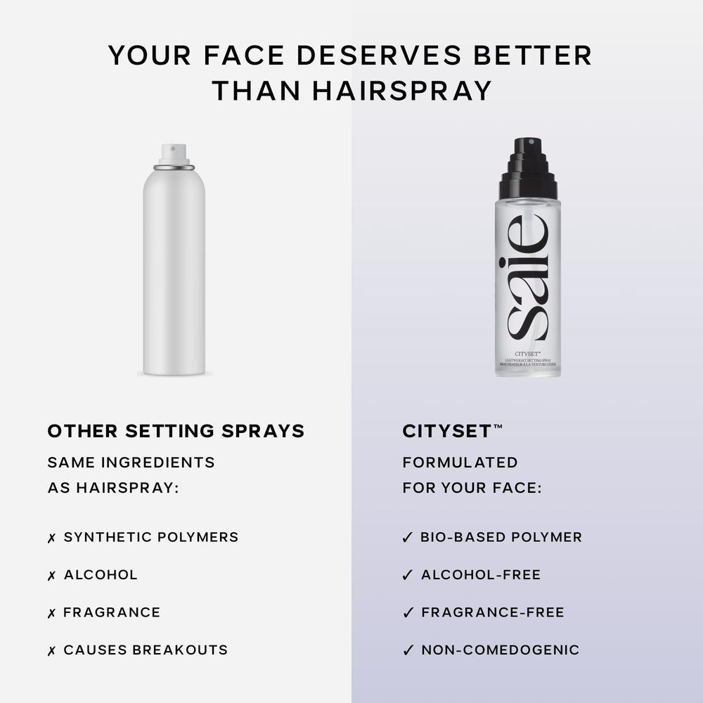 Saie label detail highlighting ingredient-friendly, alcohol-free benefit