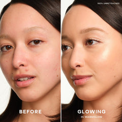 Saie Mini Glowy Super Gel chest and shoulders glow closeup for hydrated radiance.