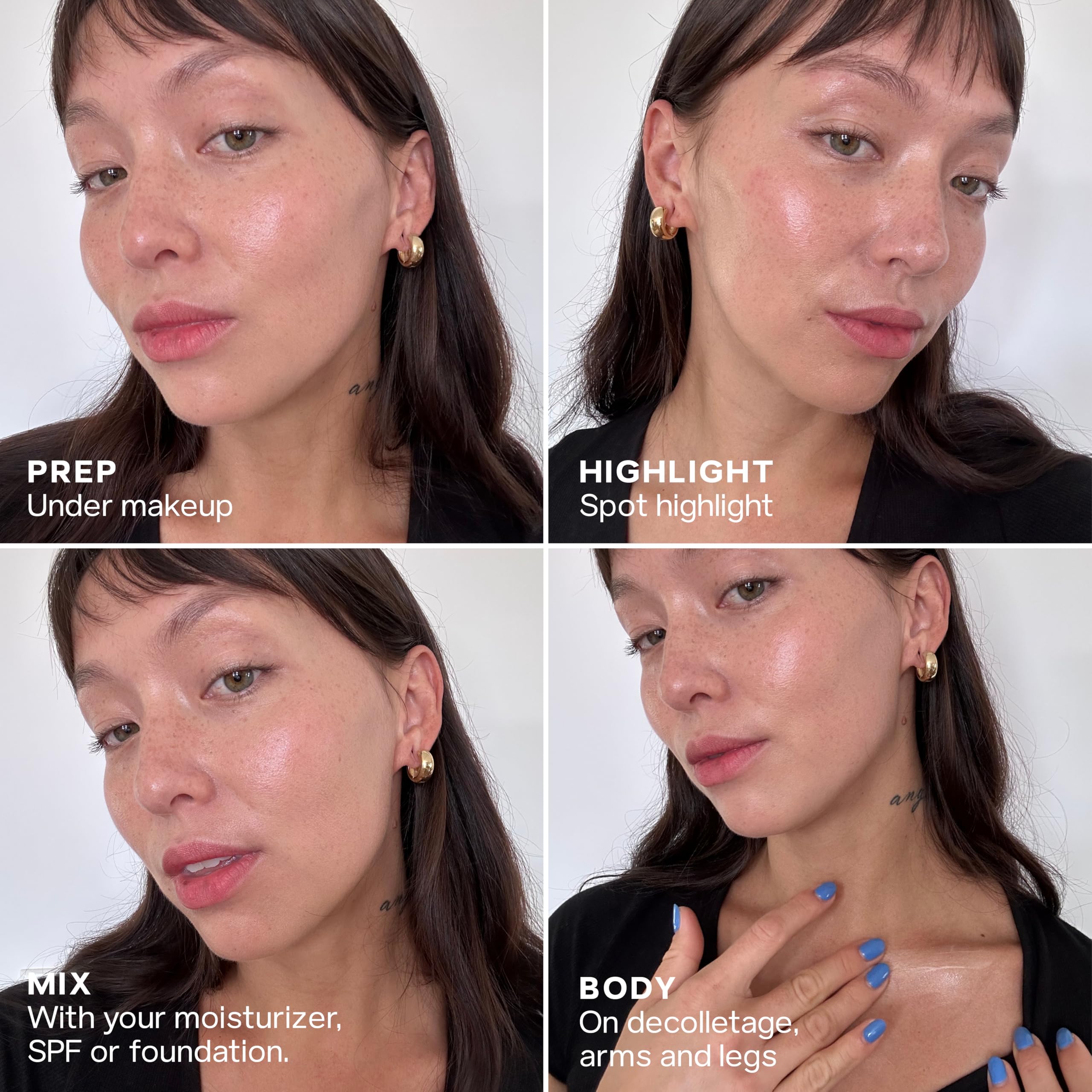 Saie Mini Glowy Super Gel foundation-mix shows seamless dewy finish.