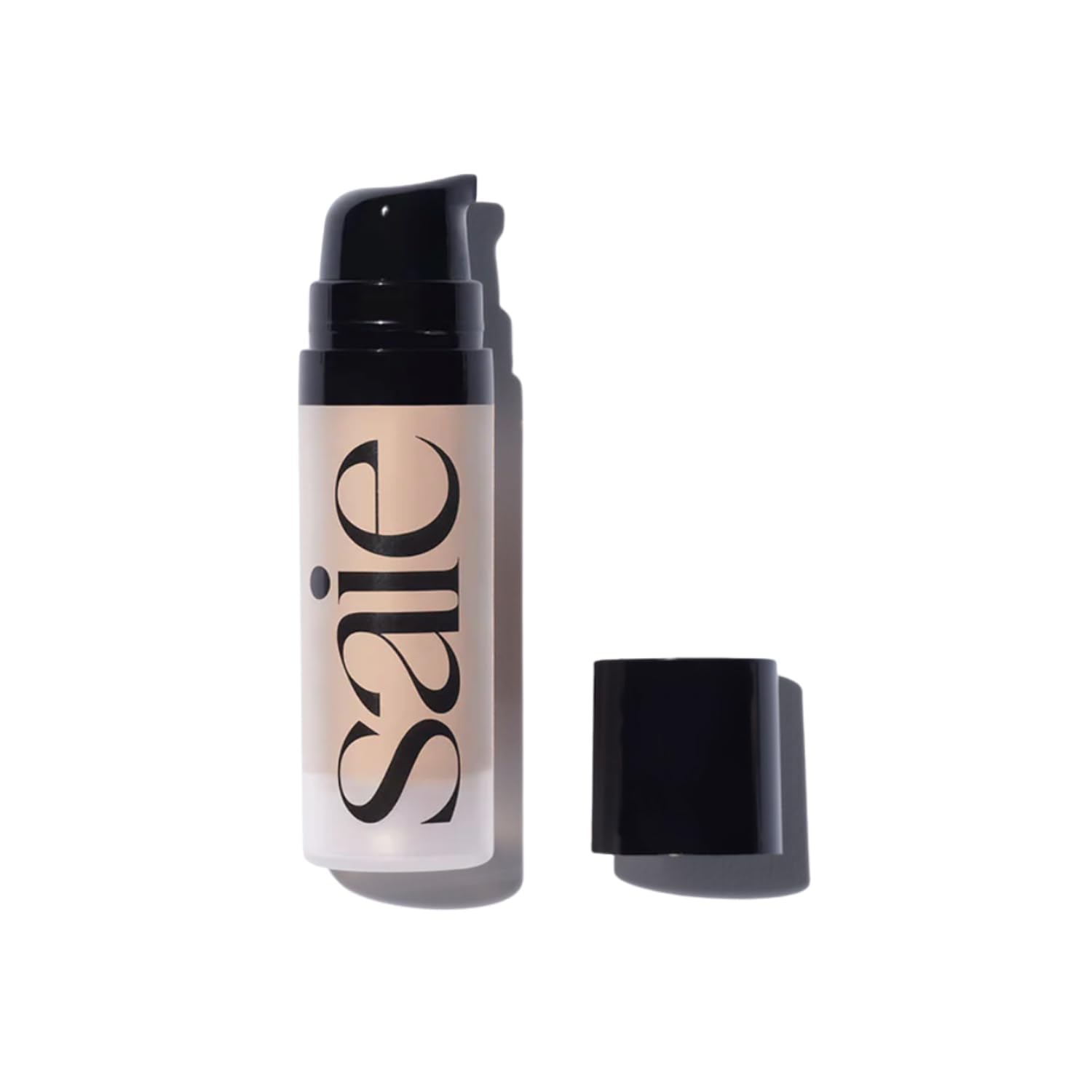 Saie Mini Glowy Super Gel pump bottle highlights a dewy glow under makeup.