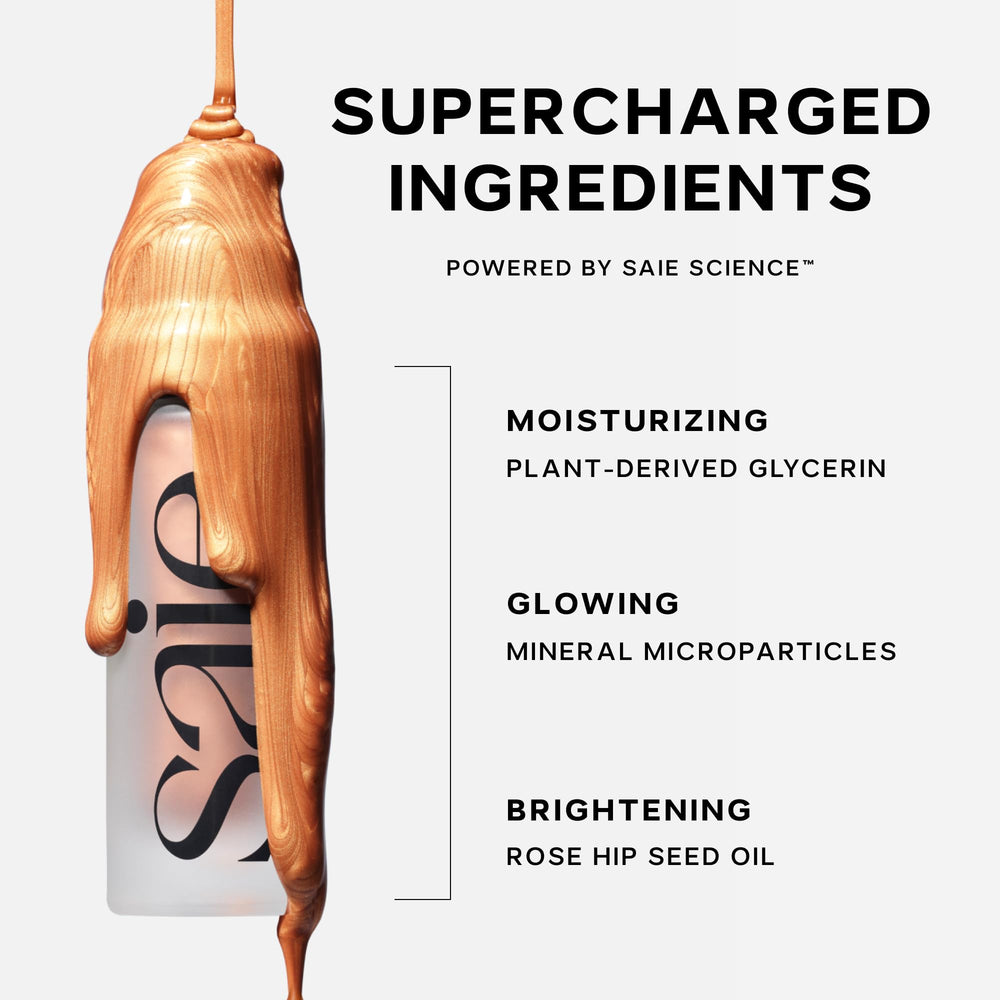 Saie Mini Glowy Super Gel skin swatch reveals natural dewy glow.