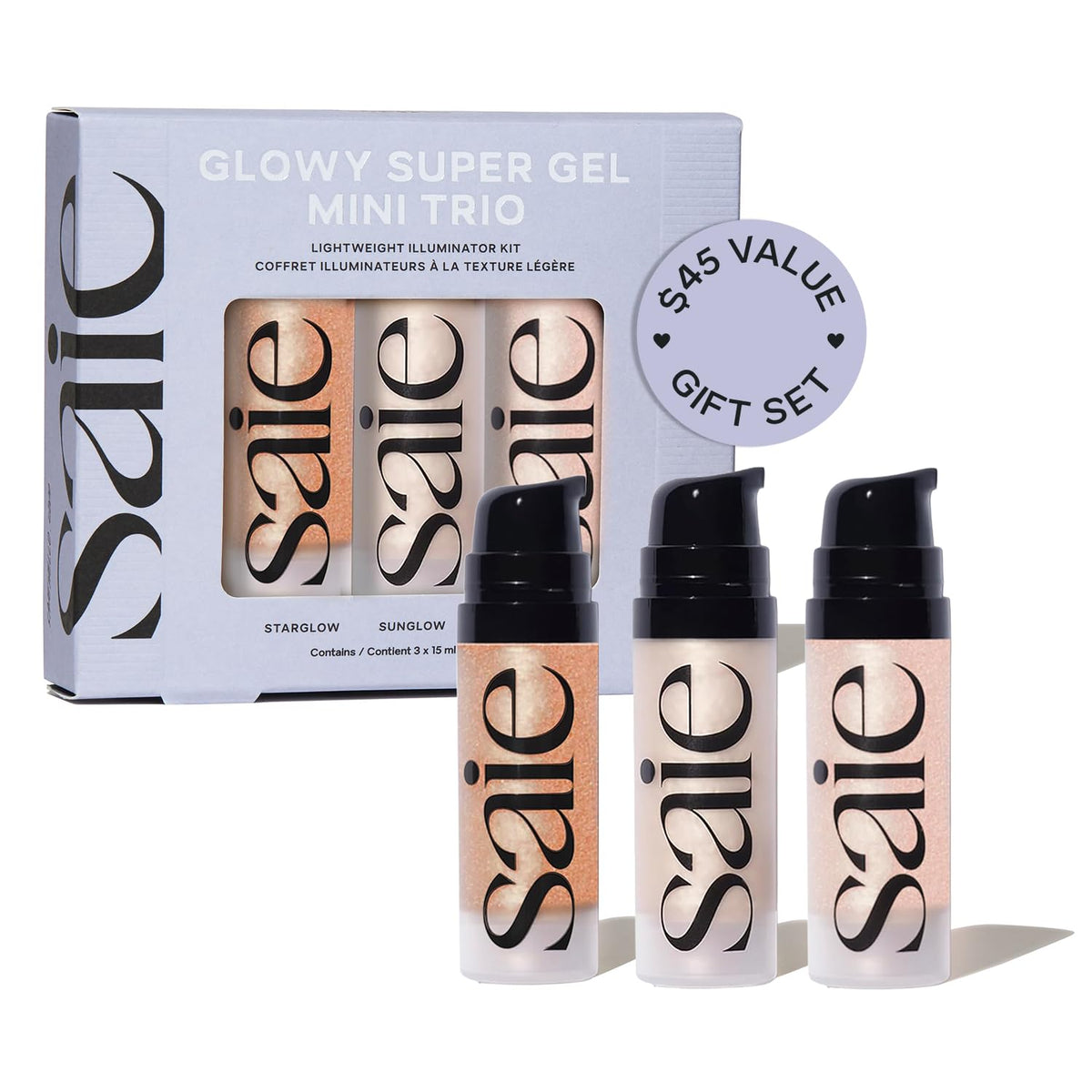 Saie front packaging trio showing three mini glow gels and travel-friendly convenience