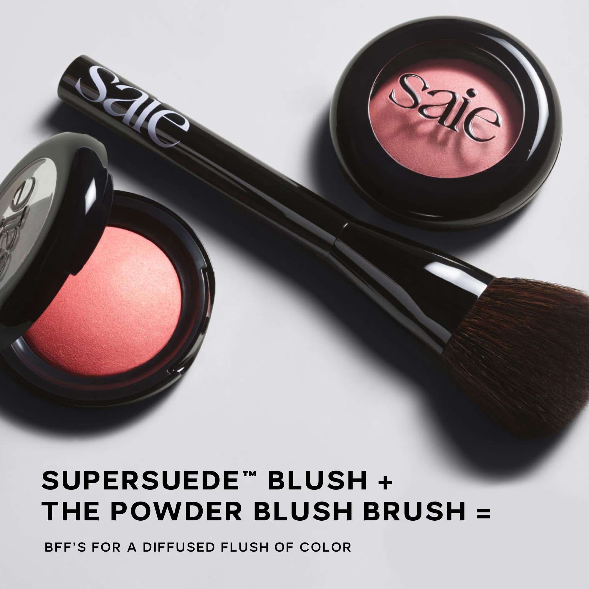 Saie Powder Blush Brush cleaning tip; easy wash with mild soap preserves bristles.