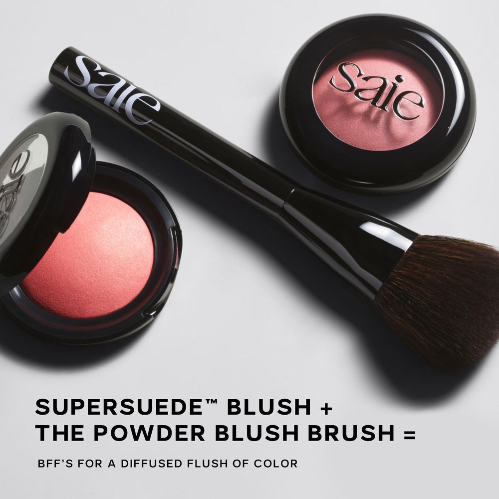 Saie Powder Blush Brush cleaning tip; easy wash with mild soap preserves bristles.