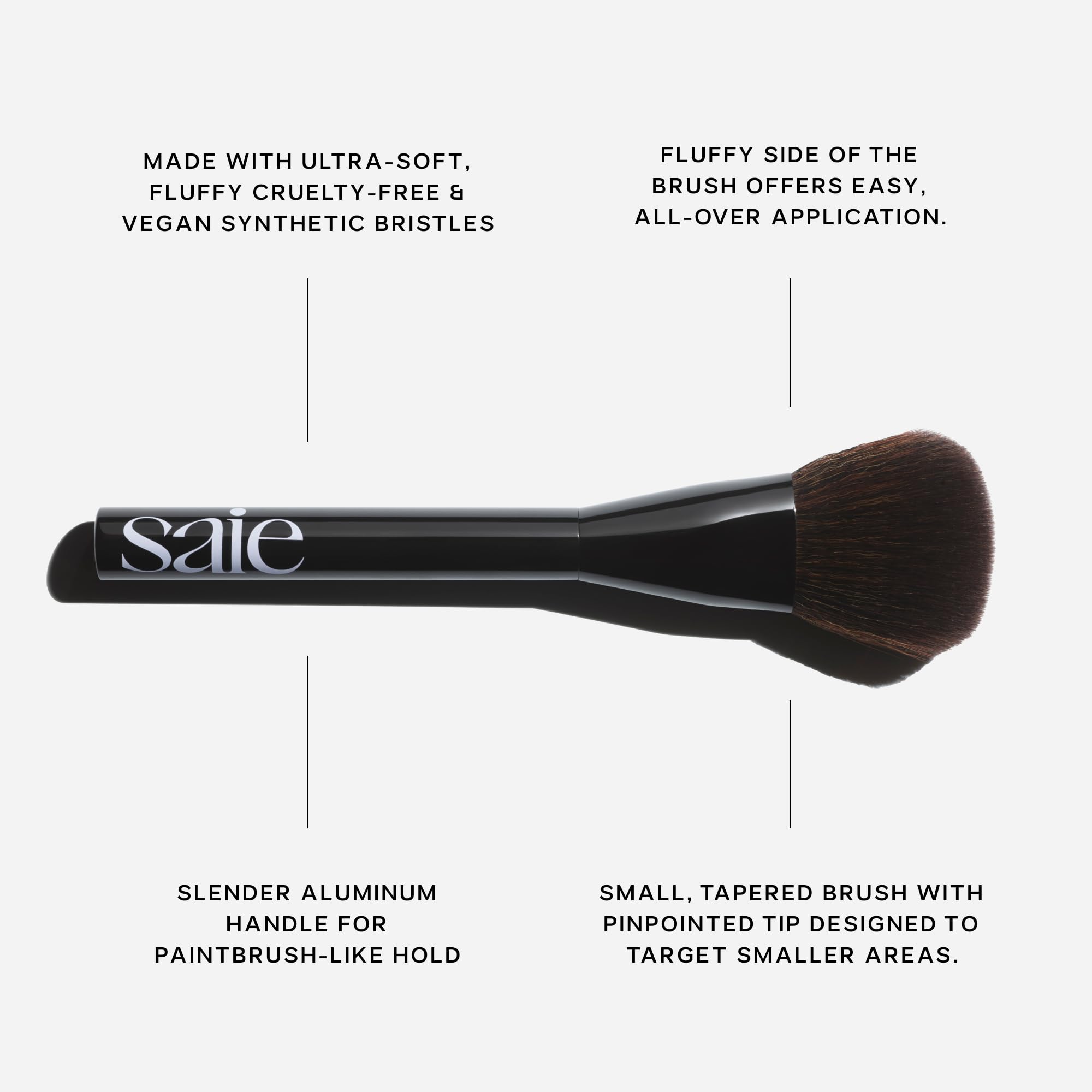 Saie Powder Blush Brush handle design; slim aluminum grip for precise, controlled application.