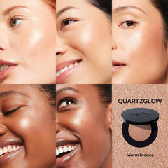 Saie Quartzglow applied with Double Brush on cheek demonstrating lifted sculpt