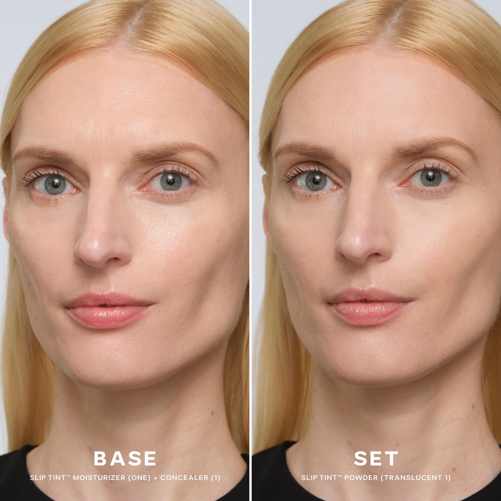 Saie compact open with brush illustrating easy application and blending