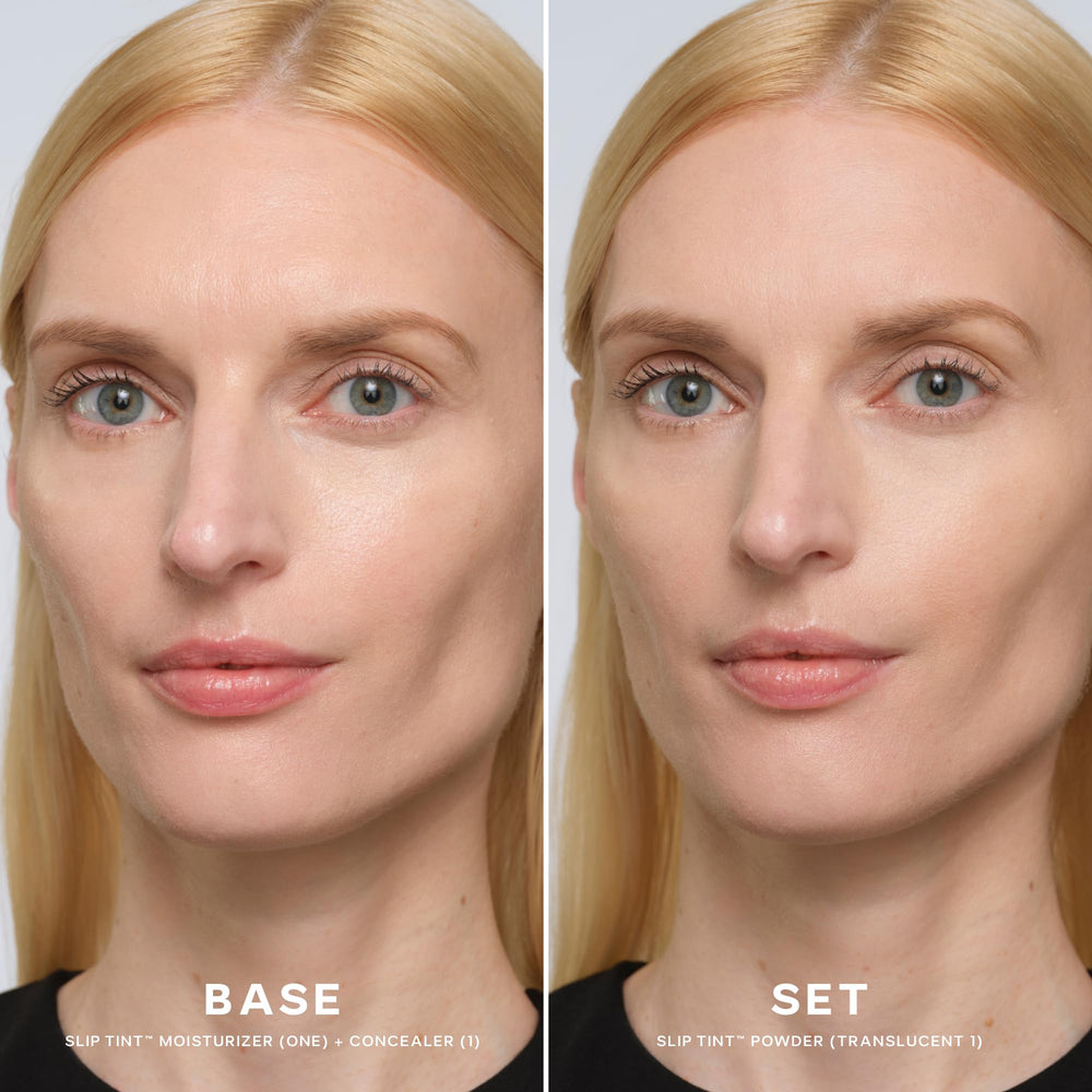 Saie compact open with brush illustrating easy application and blending