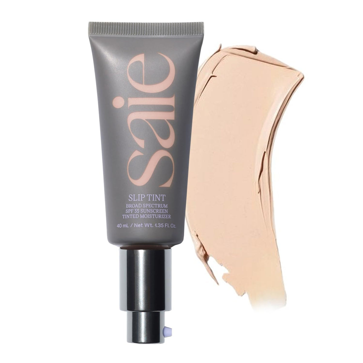Saie Slip Tint SPF35 bottle closeup for a natural dewy finish.