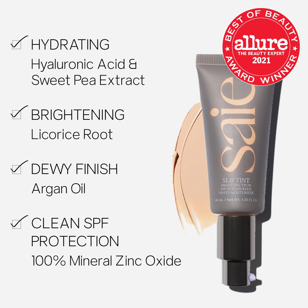 Saie Slip Tint SPF35 pump-dispense closeup showing easy, quick application.