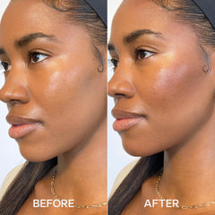 Saie bronzer being applied with a buffing brush for seamless blending