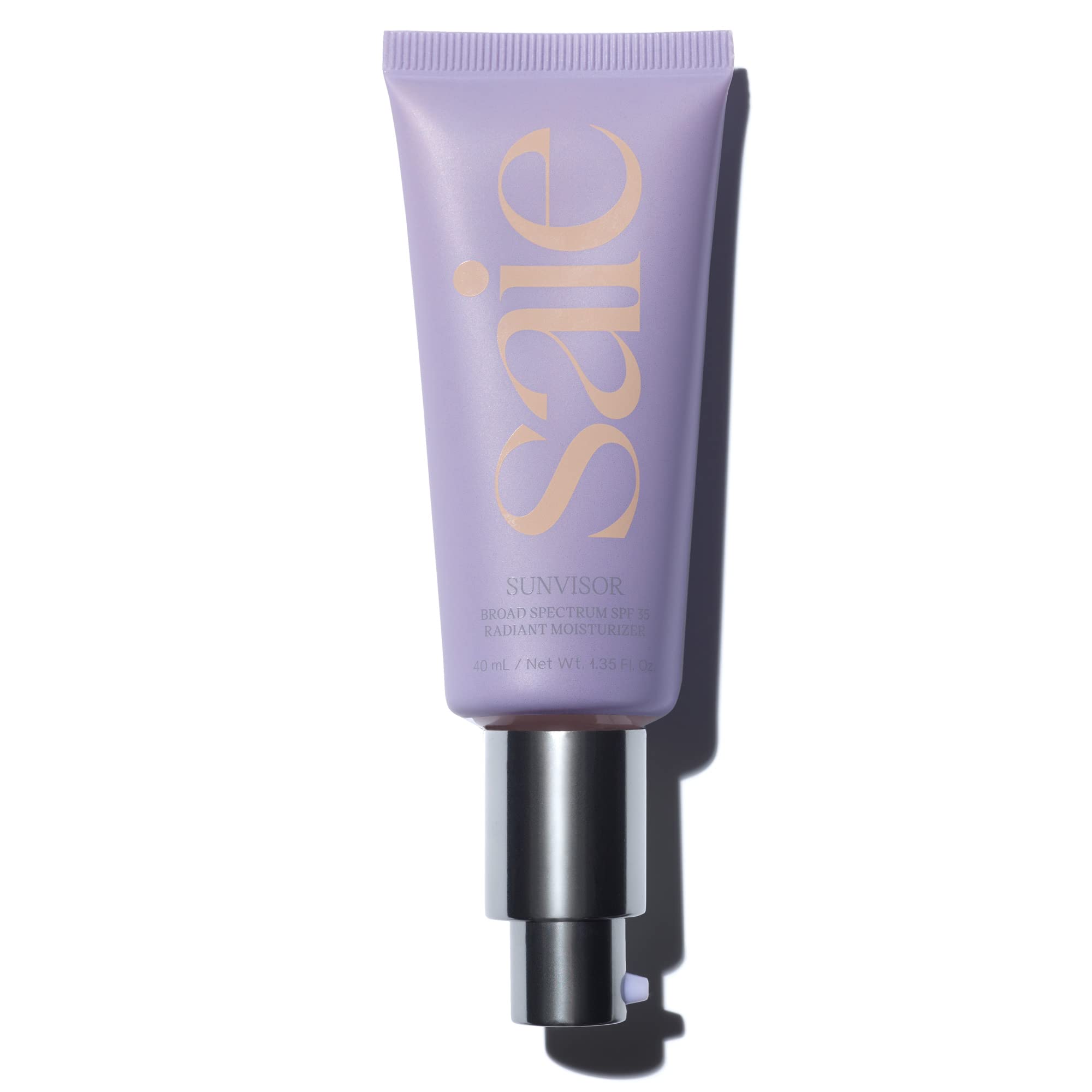Saie Sunvisor front packaging showing SPF 35 and dewy finish benefit