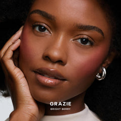 Saie SuperSuede Baked Blush Grazie swatches on cheek show diffused, natural color