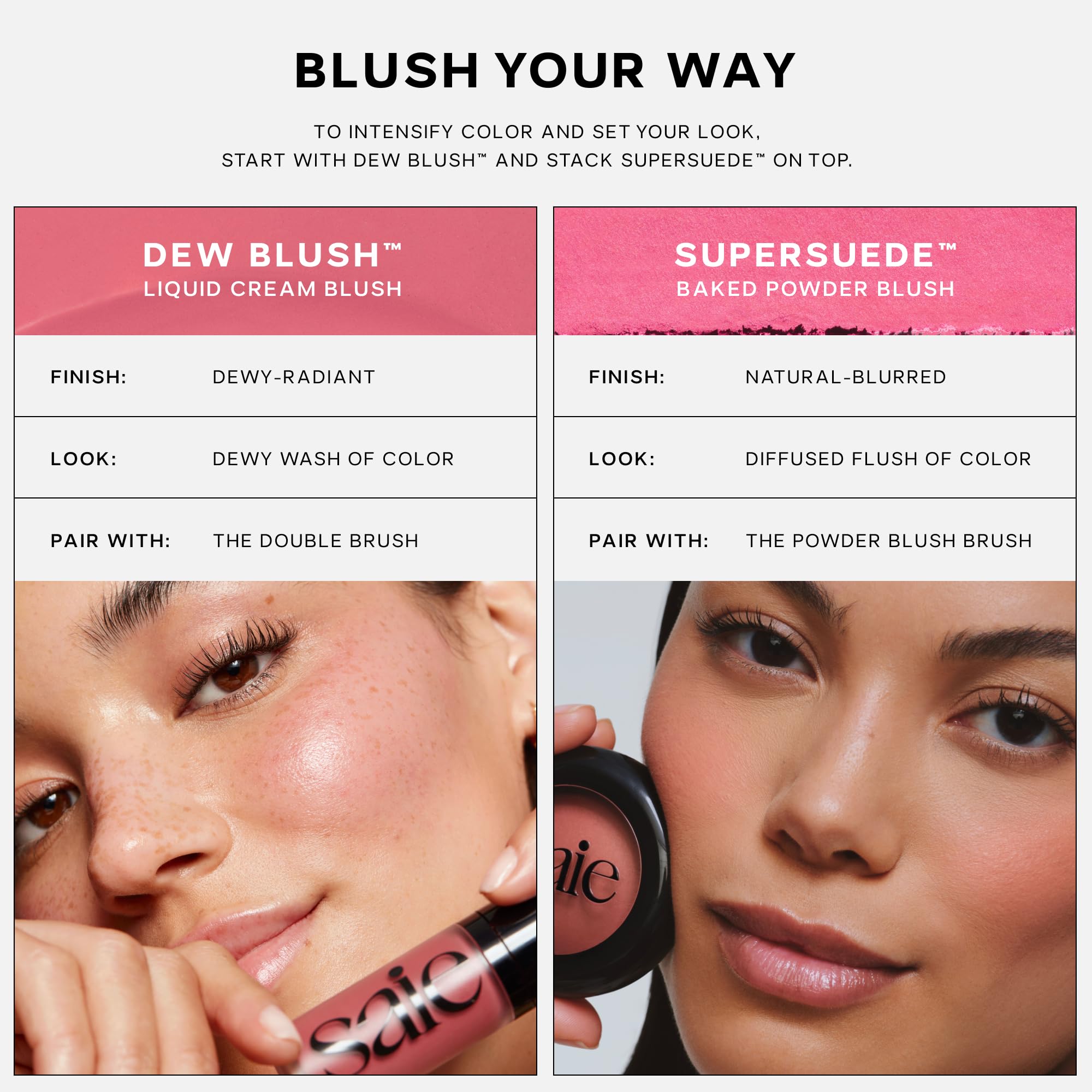 Saie SuperSuede Baked Blush talc-free formula emphasizes soft, non-drying wear