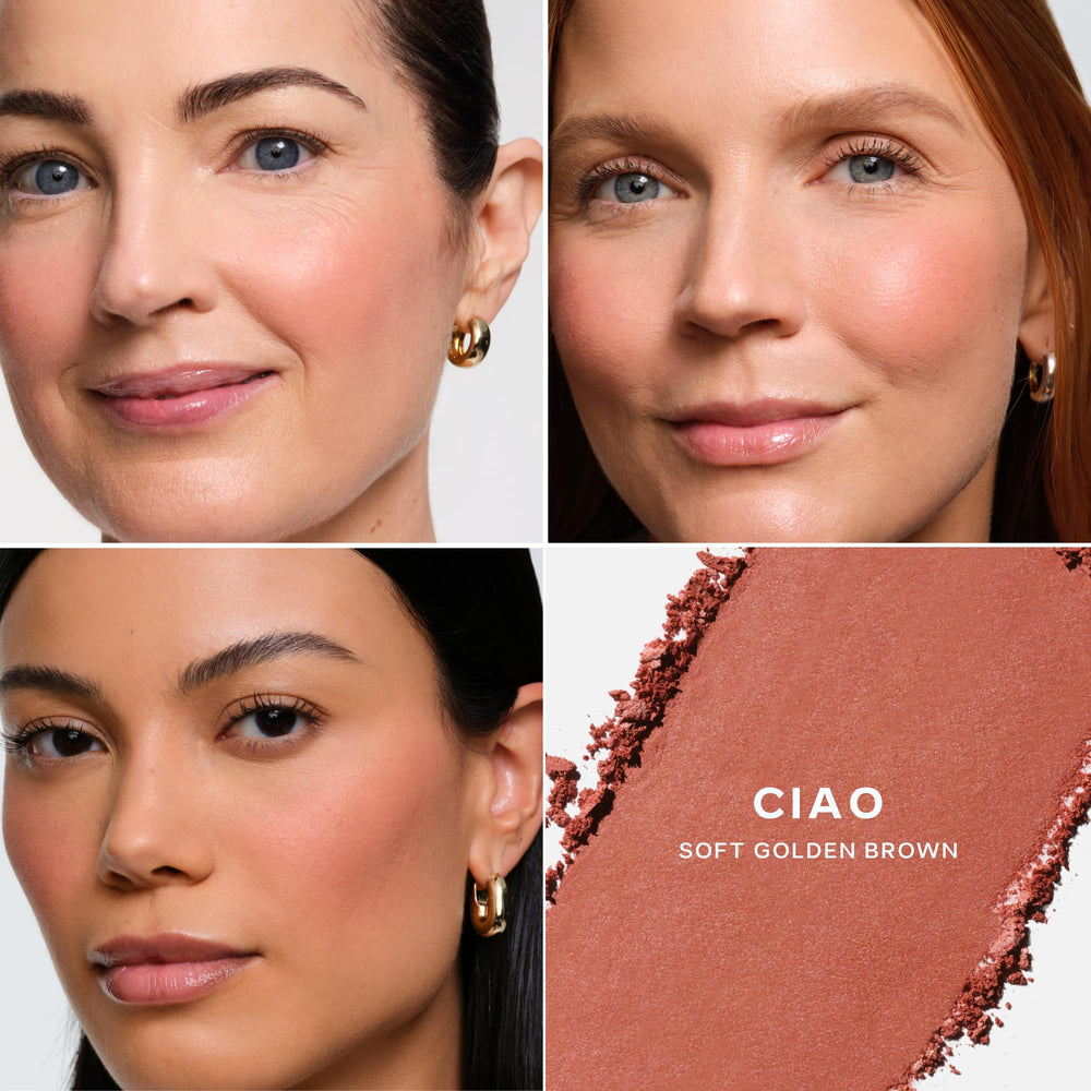 Saie SuperSuede brush applying blush to cheeks to show seamless, buildable color