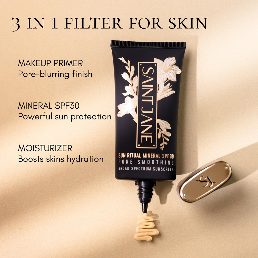 SAINT JANE Luxury Sun Ritual SPF 30 label closeup emphasizing mineral sunscreen benefits.