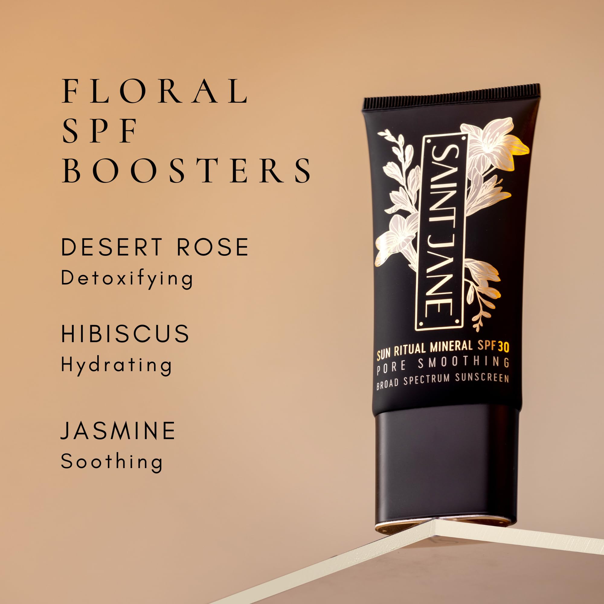 SAINT JANE Luxury Sun Ritual SPF 30 packaging on shelf conveys premium clean skincare.
