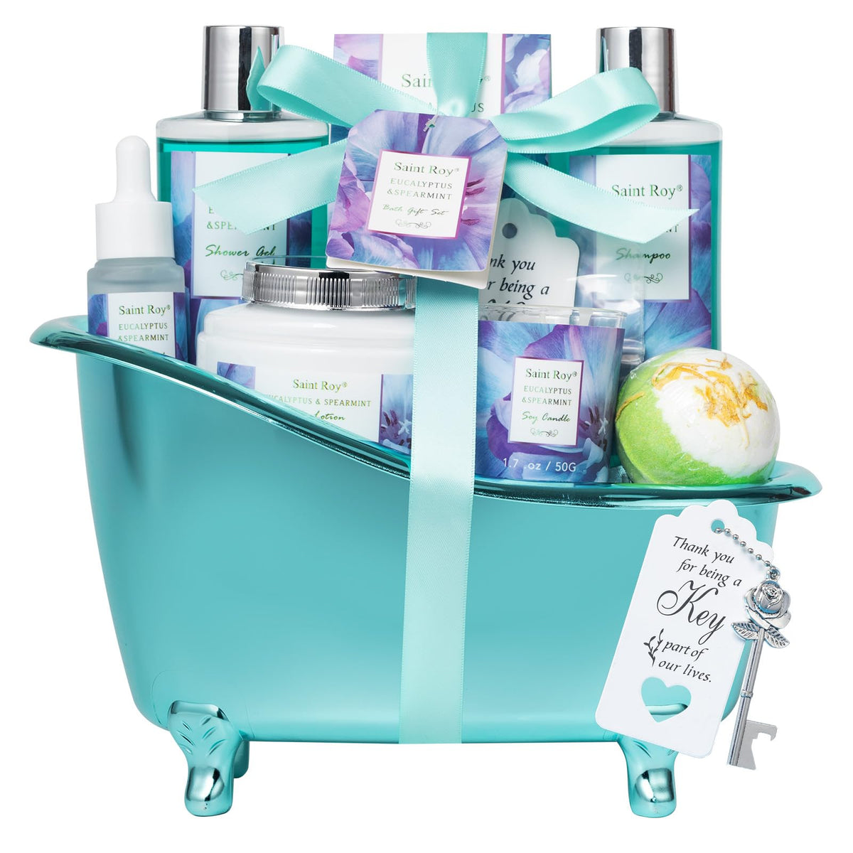 Saint Roy bath basket with eucalyptus mint set for at-home spa moments.