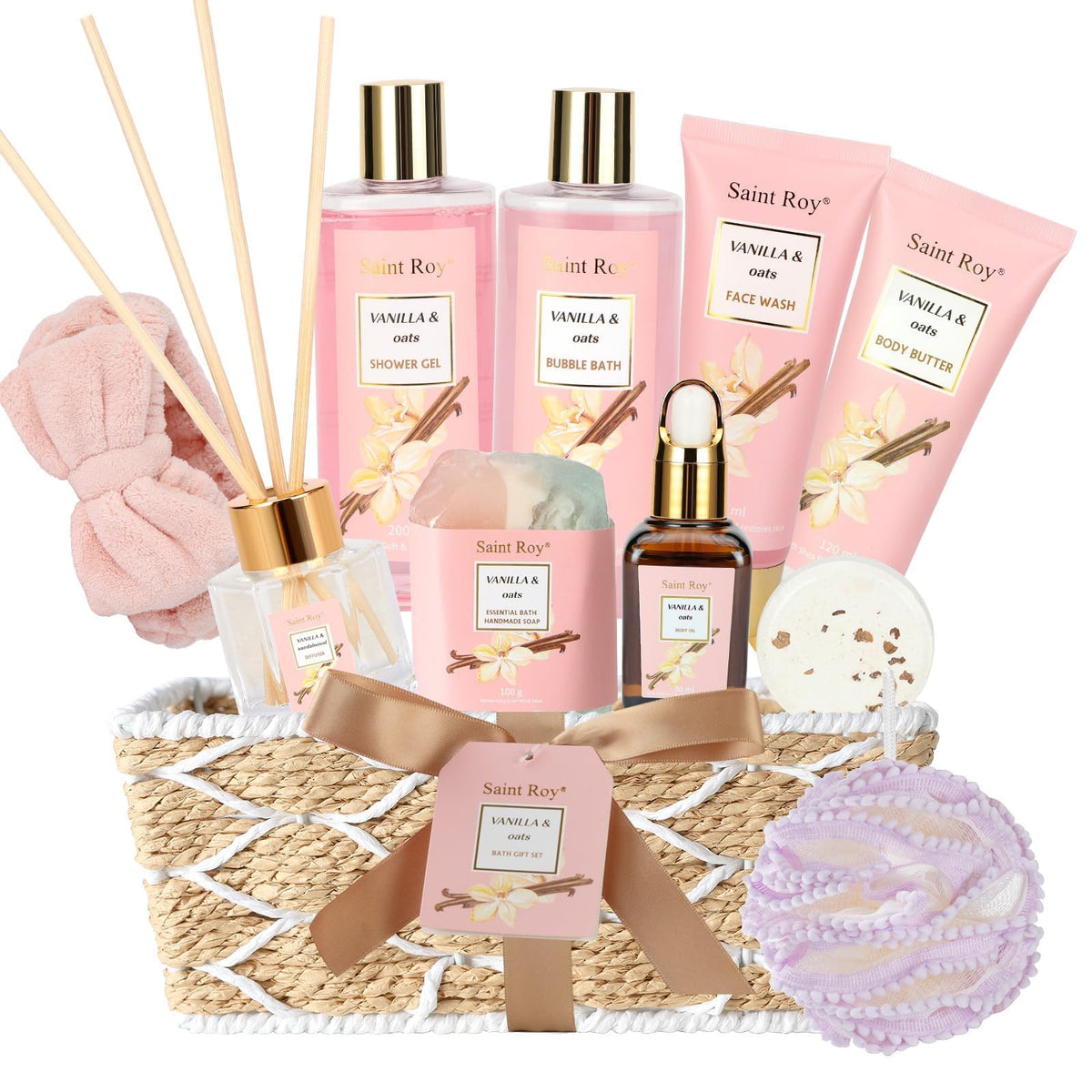 Saint Roy bath gift basket featuring vanilla oat collection for at-home spa