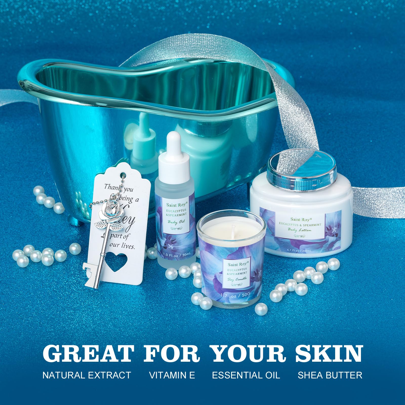 Saint Roy Christmas gift set presentation evokes festive self-care.