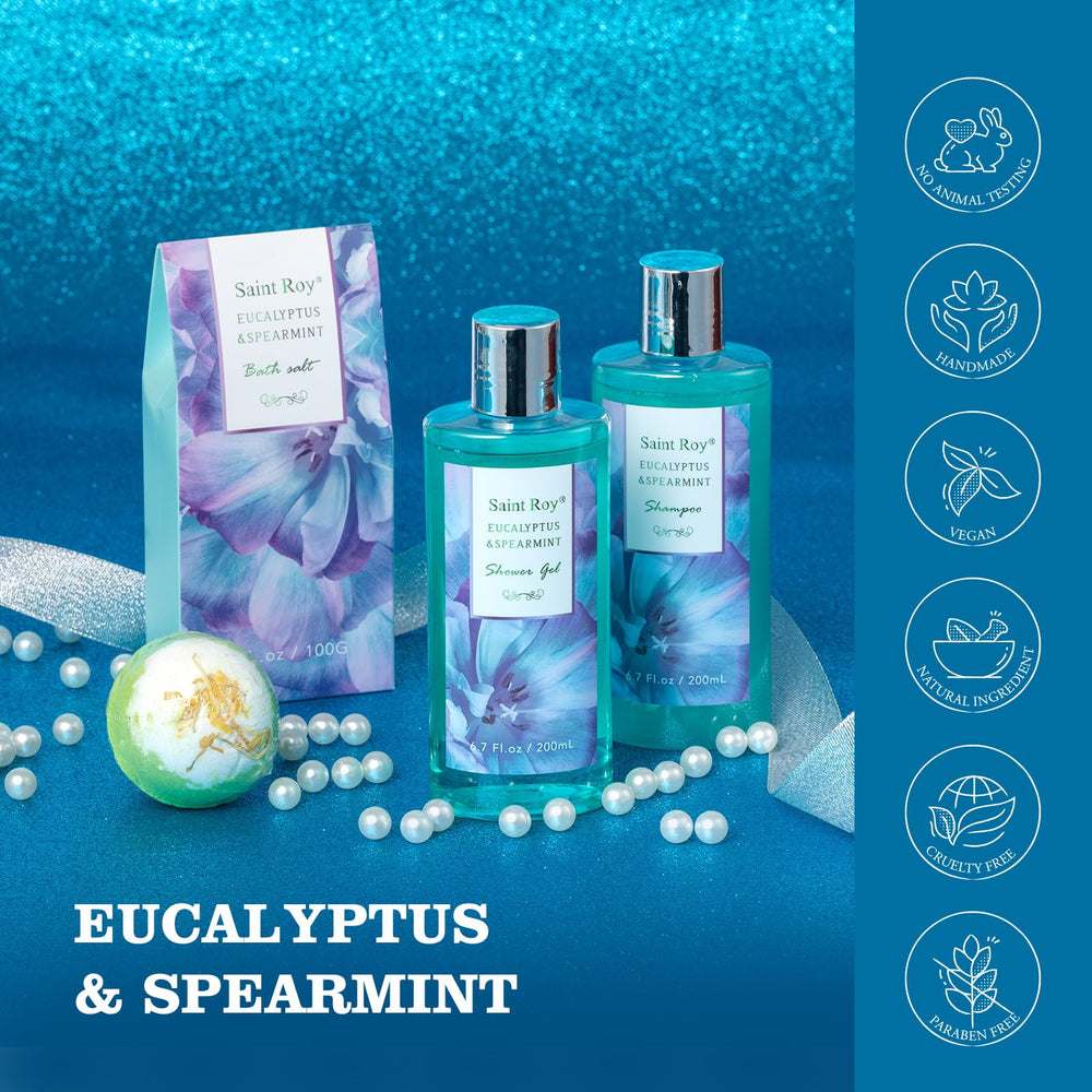 Saint Roy eucalyptus mint bath salts close-up highlighting fresh scent.