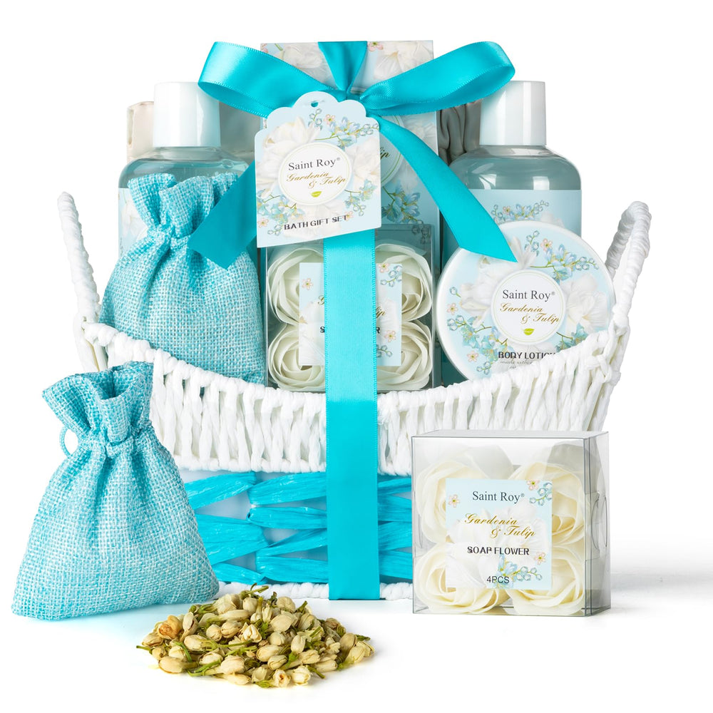 Saint Roy Gardenia Tulip Spa Kit Basket gift-ready presentation.