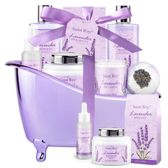 Saint Roy lavender gift basket box showcasing spa products for relaxing aromatherapy at home.