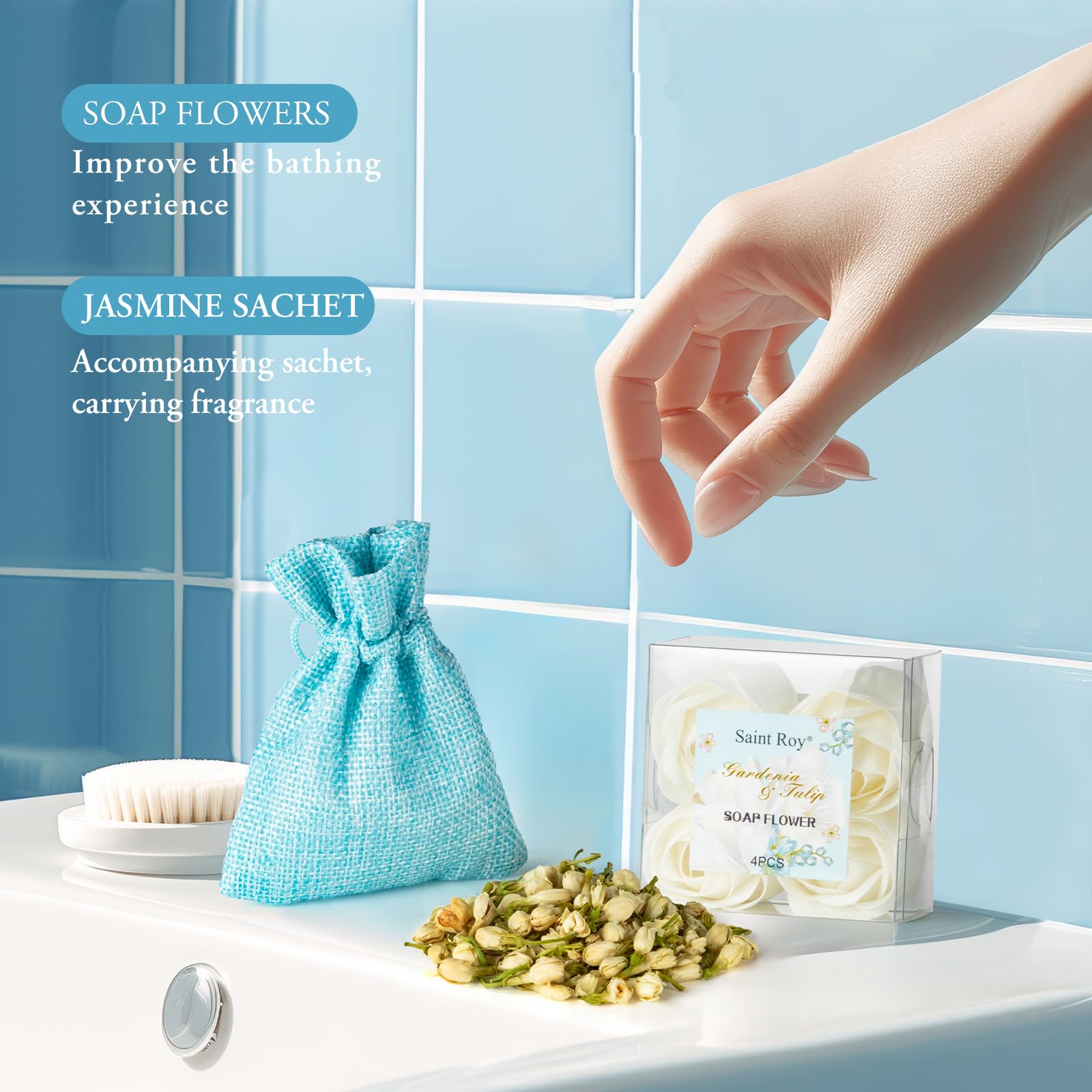 Saint Roy Soap Flowers 4pcs arranged as decorative spa accents.