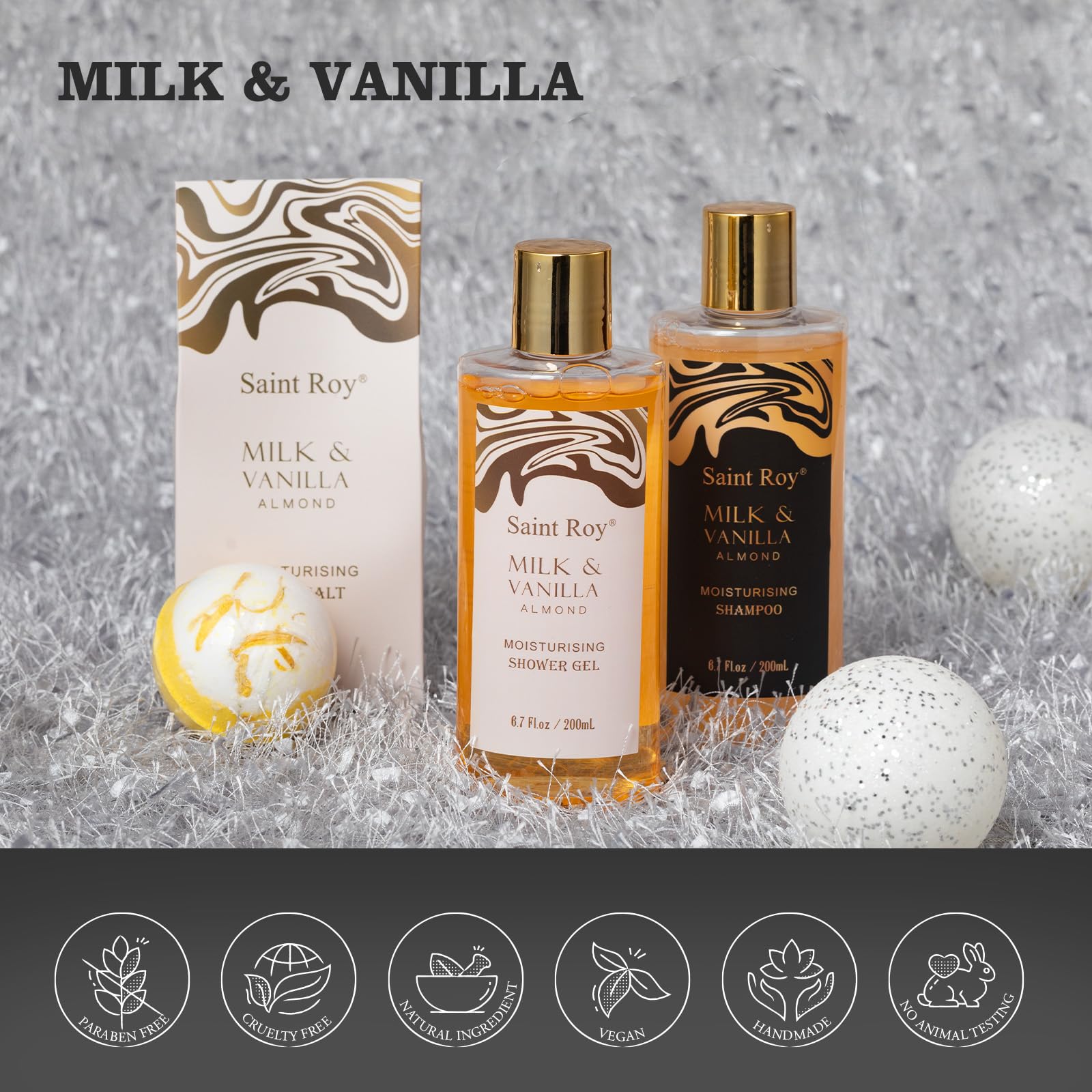 Saint Roy Spa Gift Basket jojoba oil bottle emphasizes nourishing skin benefits