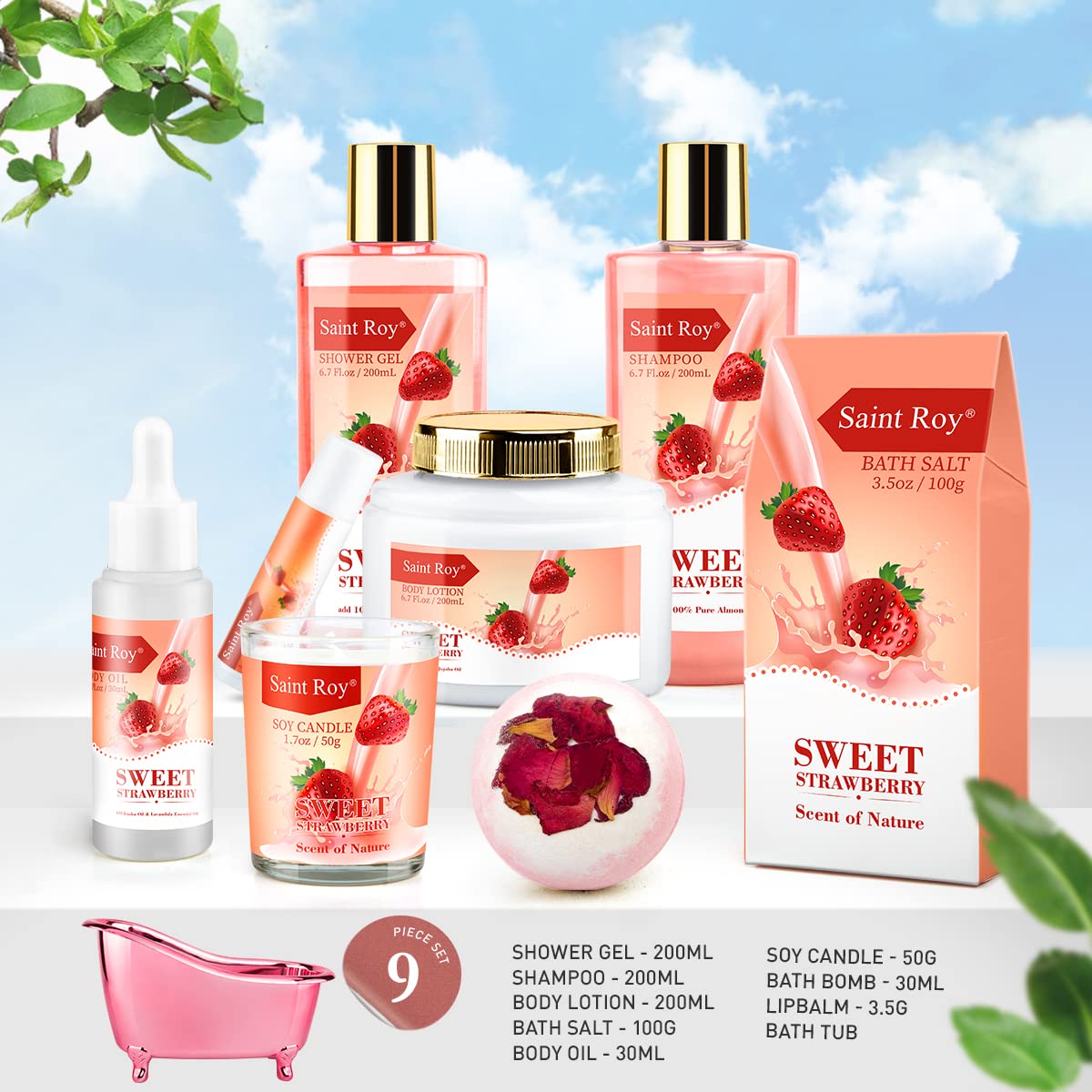 Saint Roy spa kit display-bath-tub presenting an elegant home spa setup for gifting.