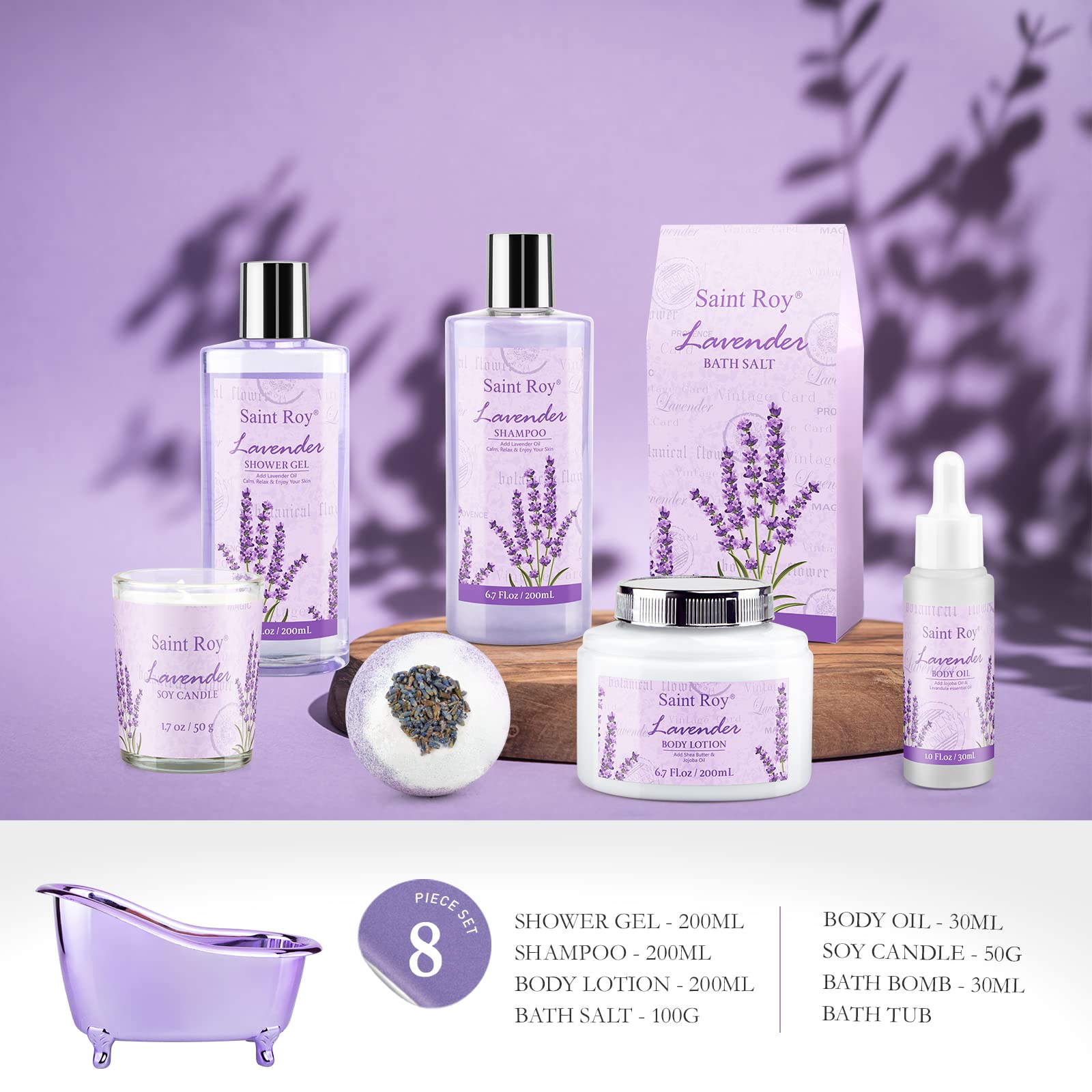 Saint Roy spa kit with shower gel and body lotion in lavender scent for pampering.